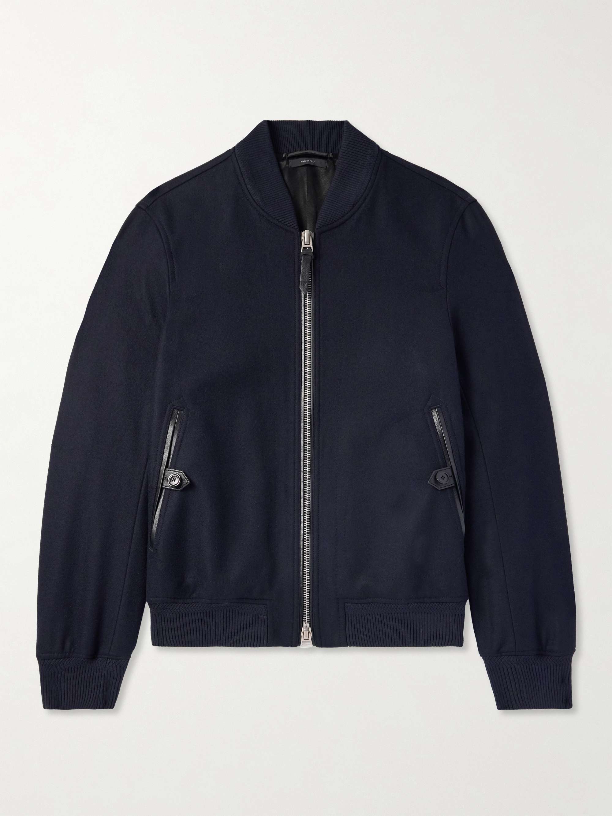 Leather-Trimmed Wool-Felt Bomber Jacket view