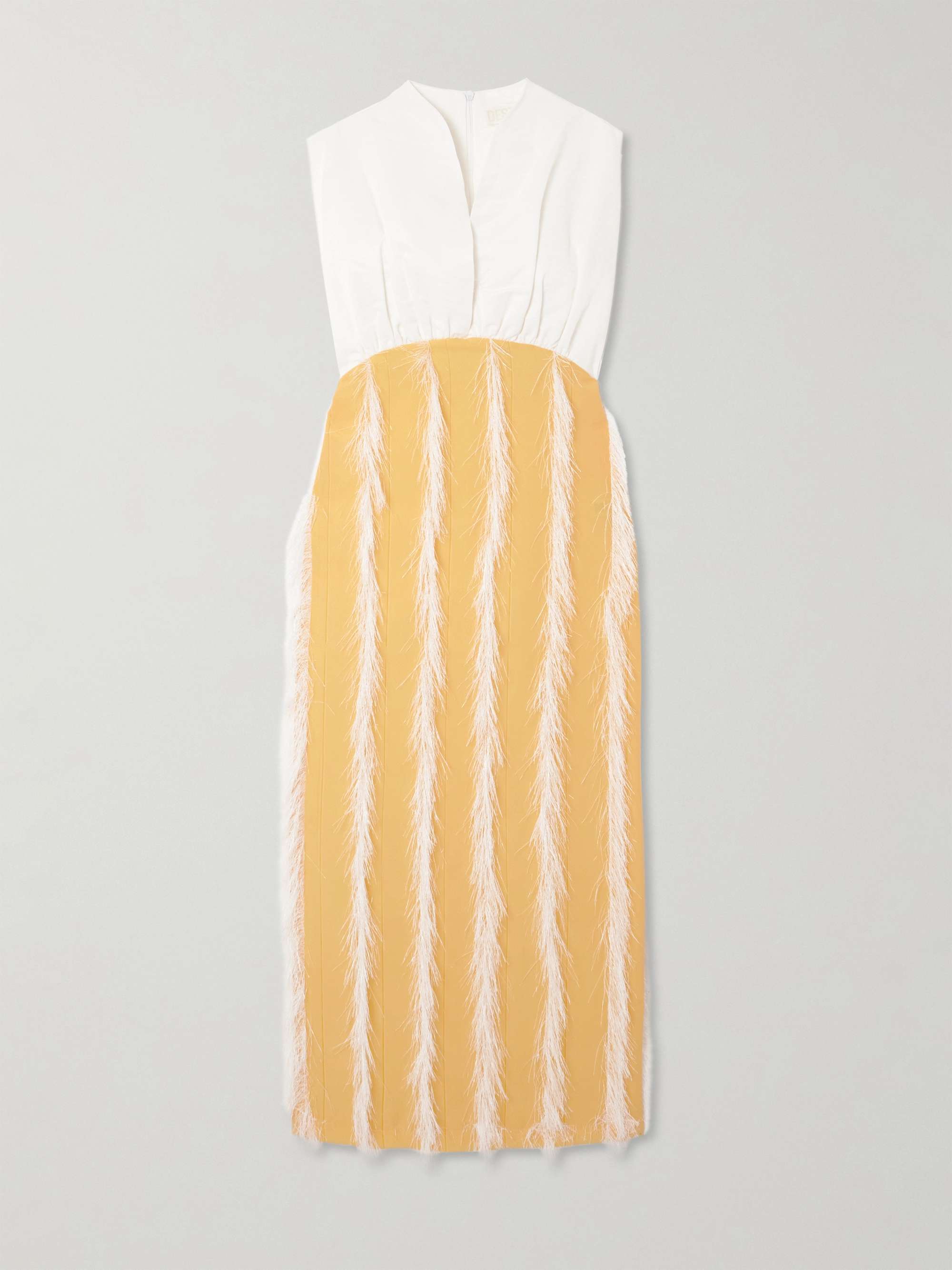 Paz faux feather-trimmed pleated cotton-blend twill midi dress view