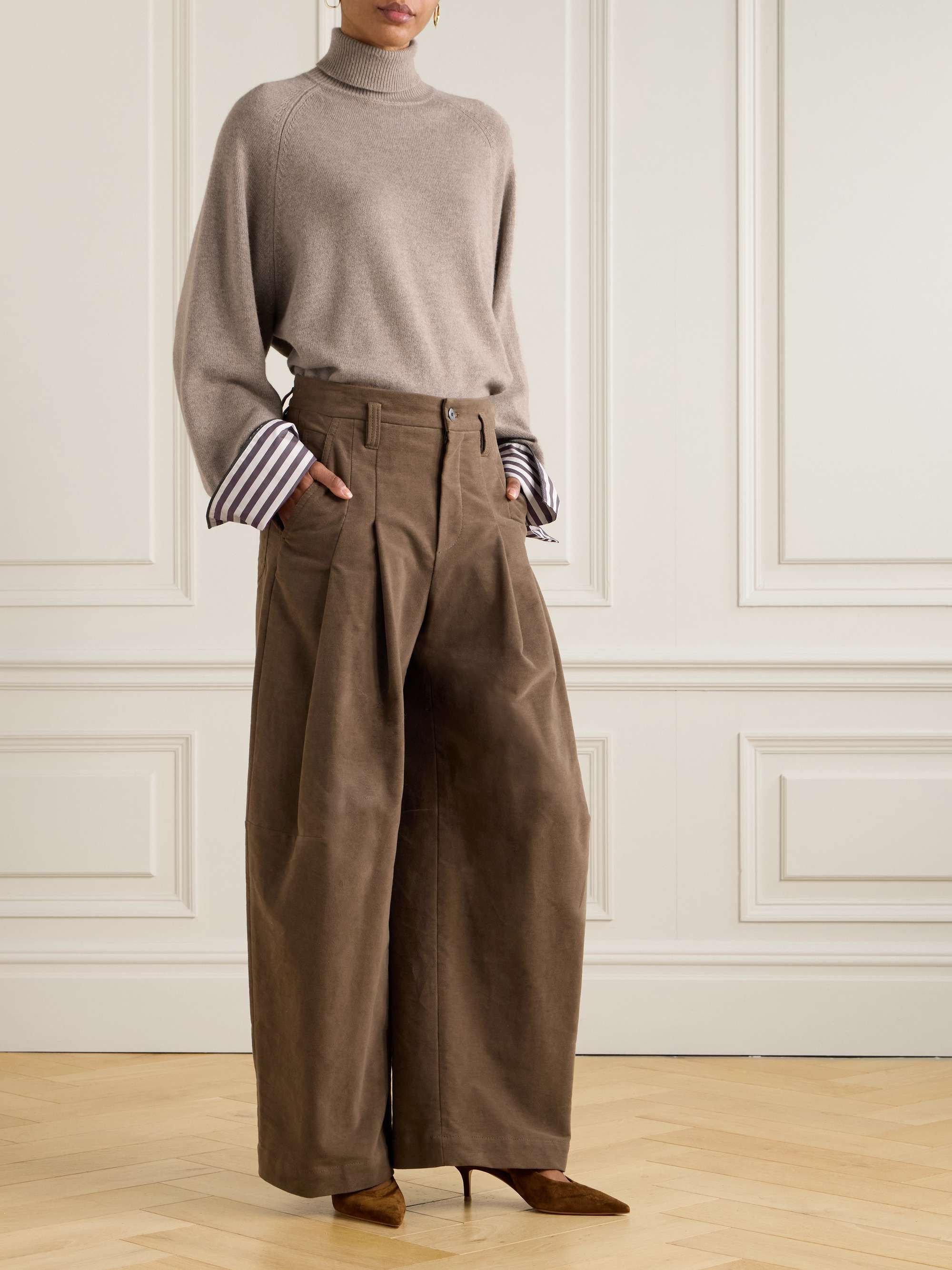 Striped poplin-trimmed cashmere turtleneck sweater view