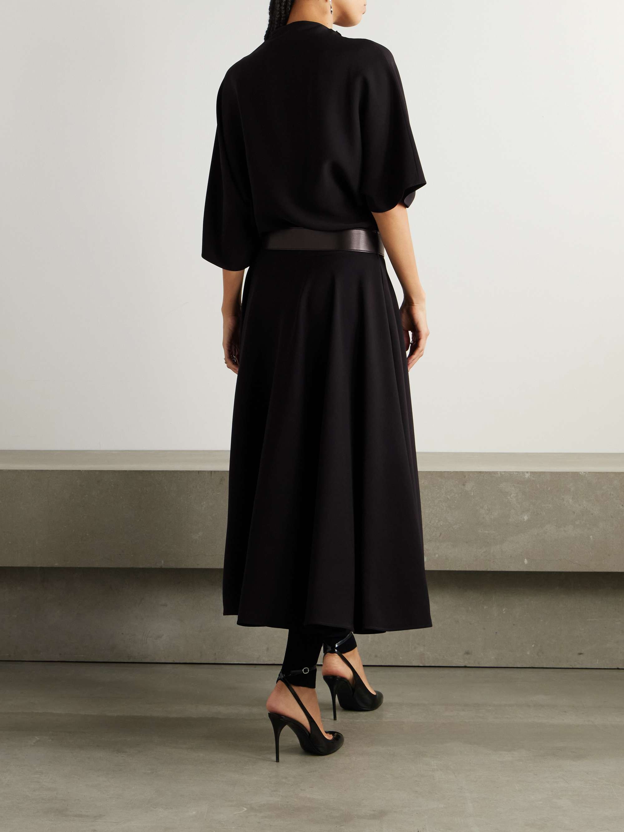 Asymmetric draped leather-trimmed cady midi dress view