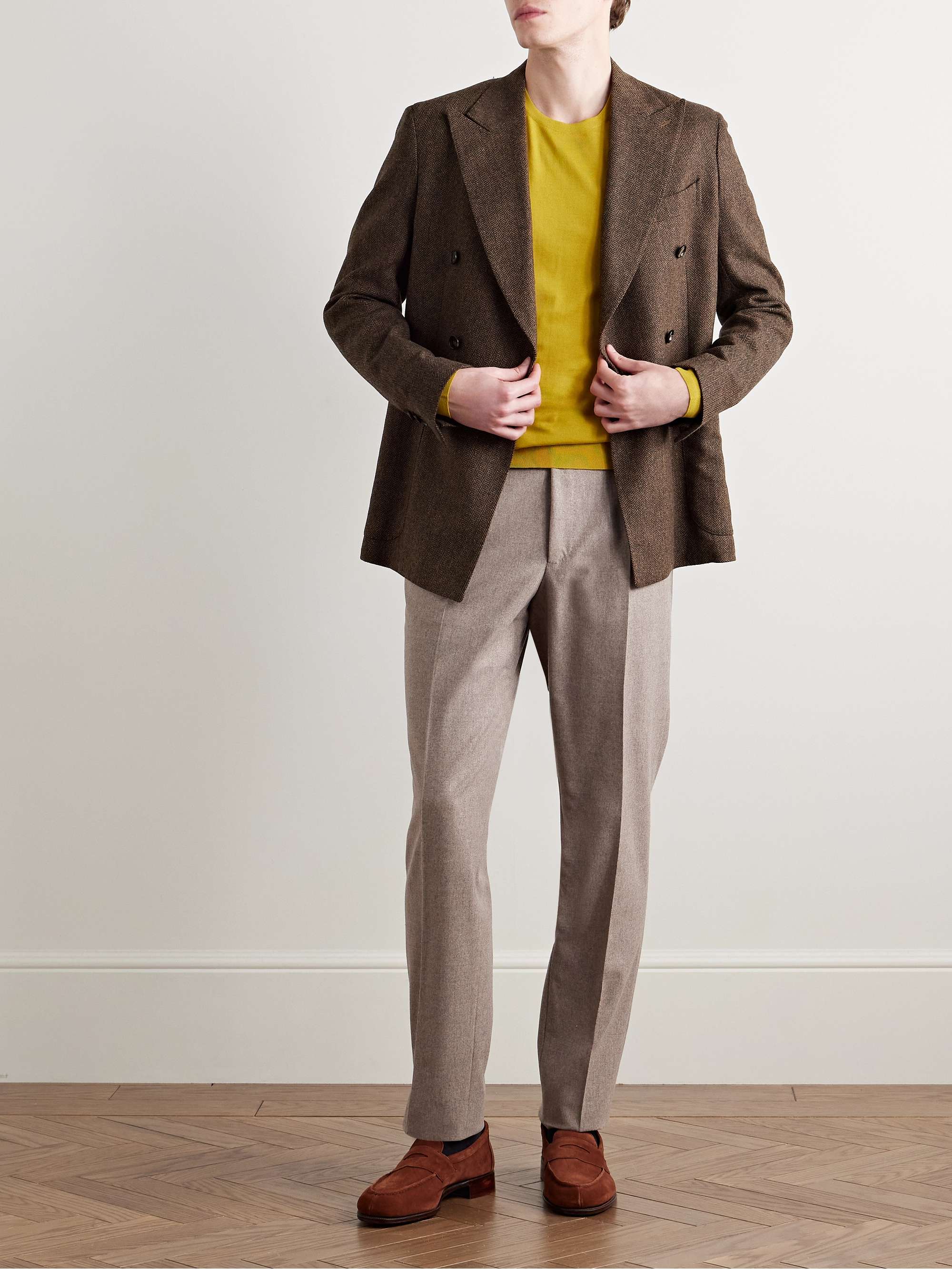 Unstructured Double-Breasted Herringbone Wool and Cashmere-Blend Blazer view