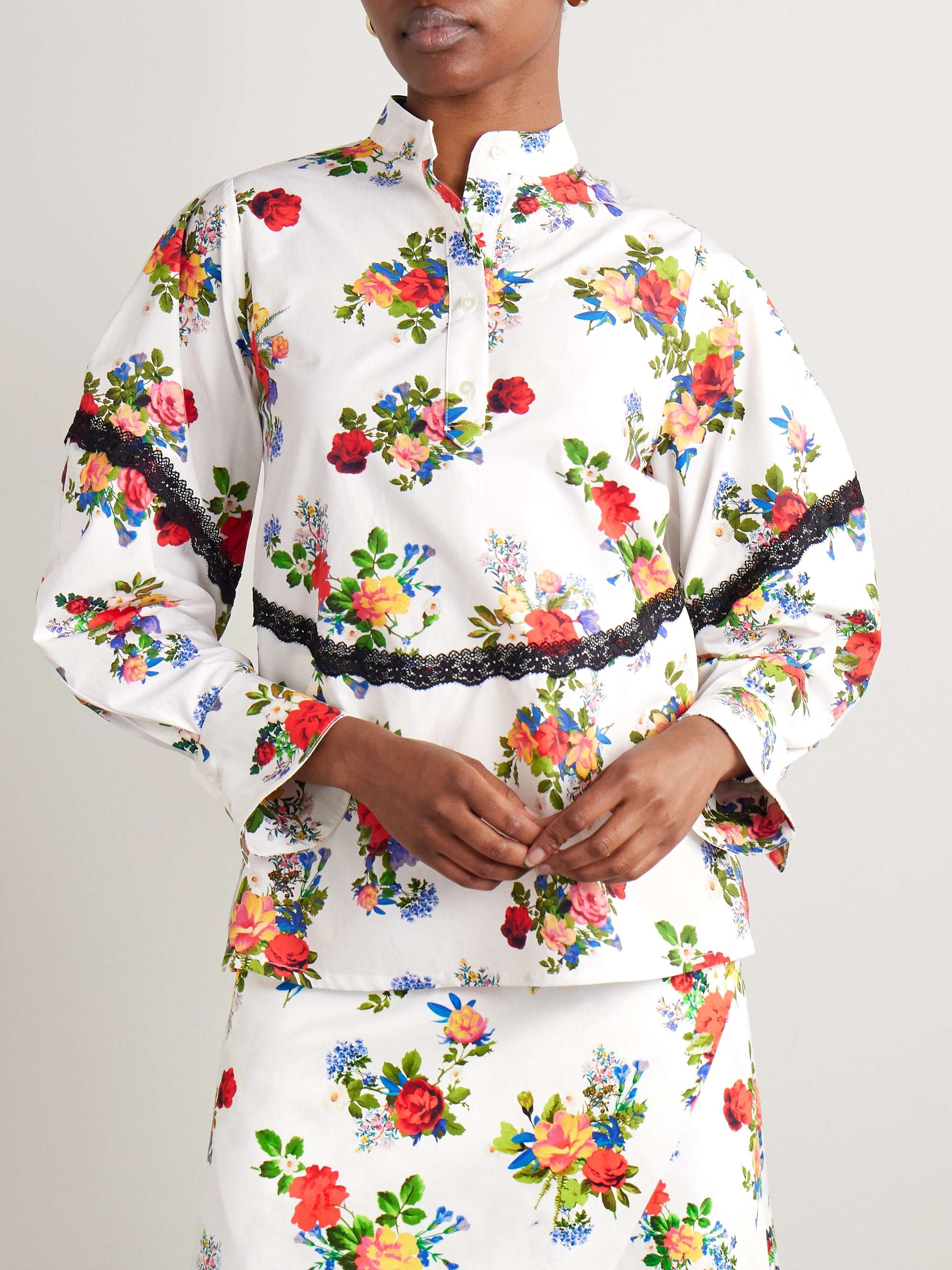 MJ lace-trimmed floral-print cotton-poplin top view