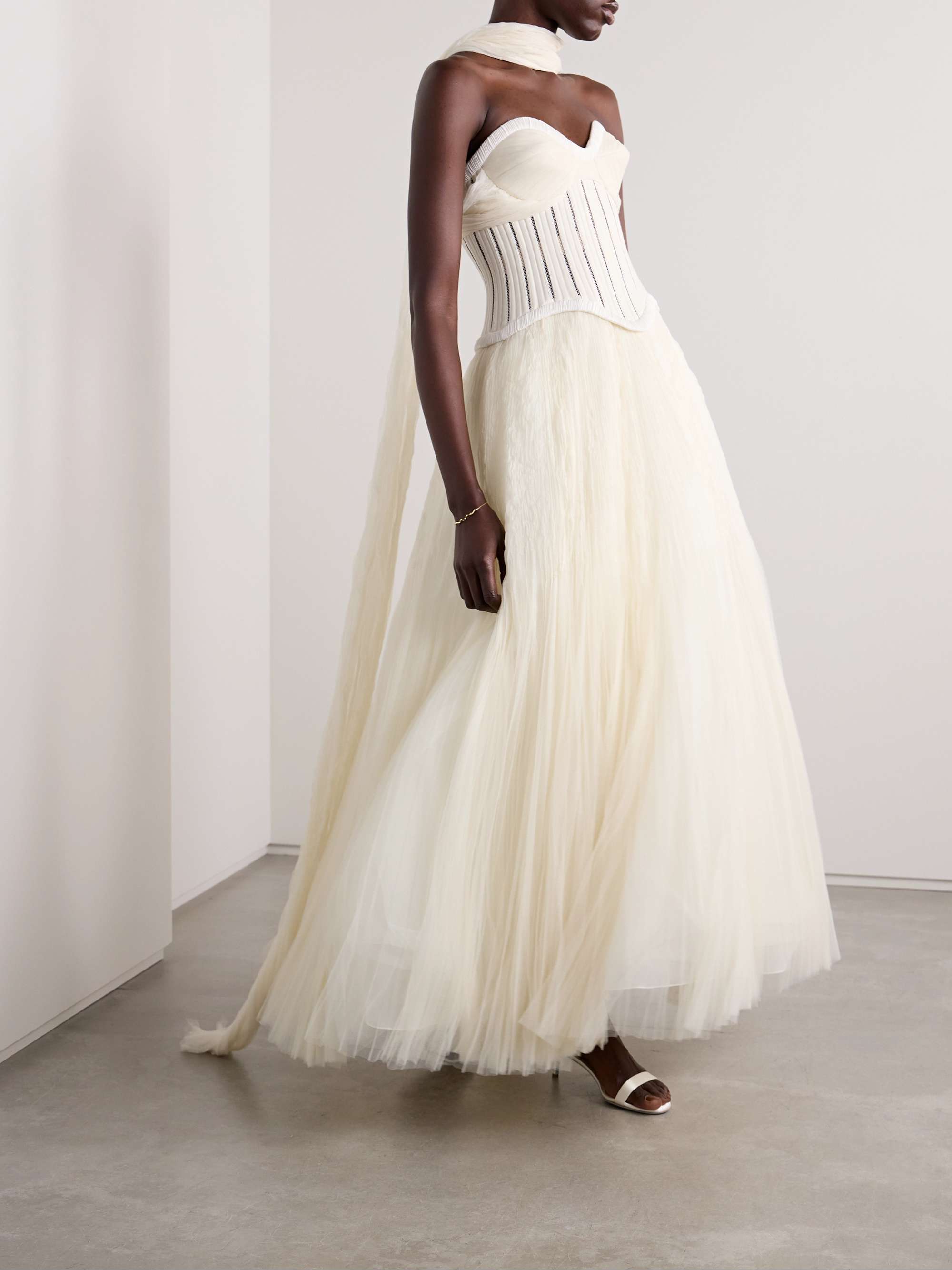 Anika strapless plissé satin-trimmed twill and tulle gown view