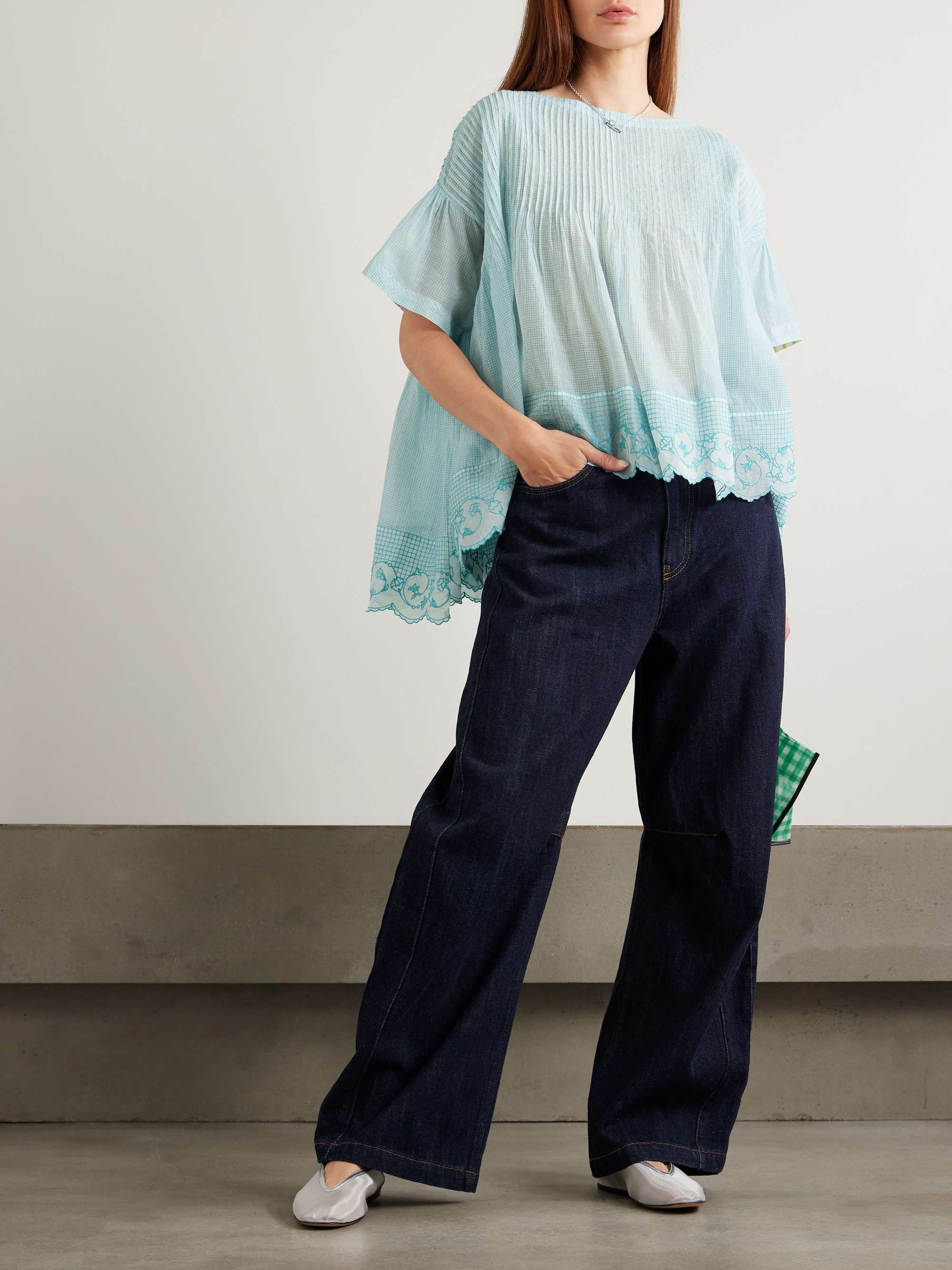 Cai pintucked embroidered checked cotton and silk-blend voile blouse view
