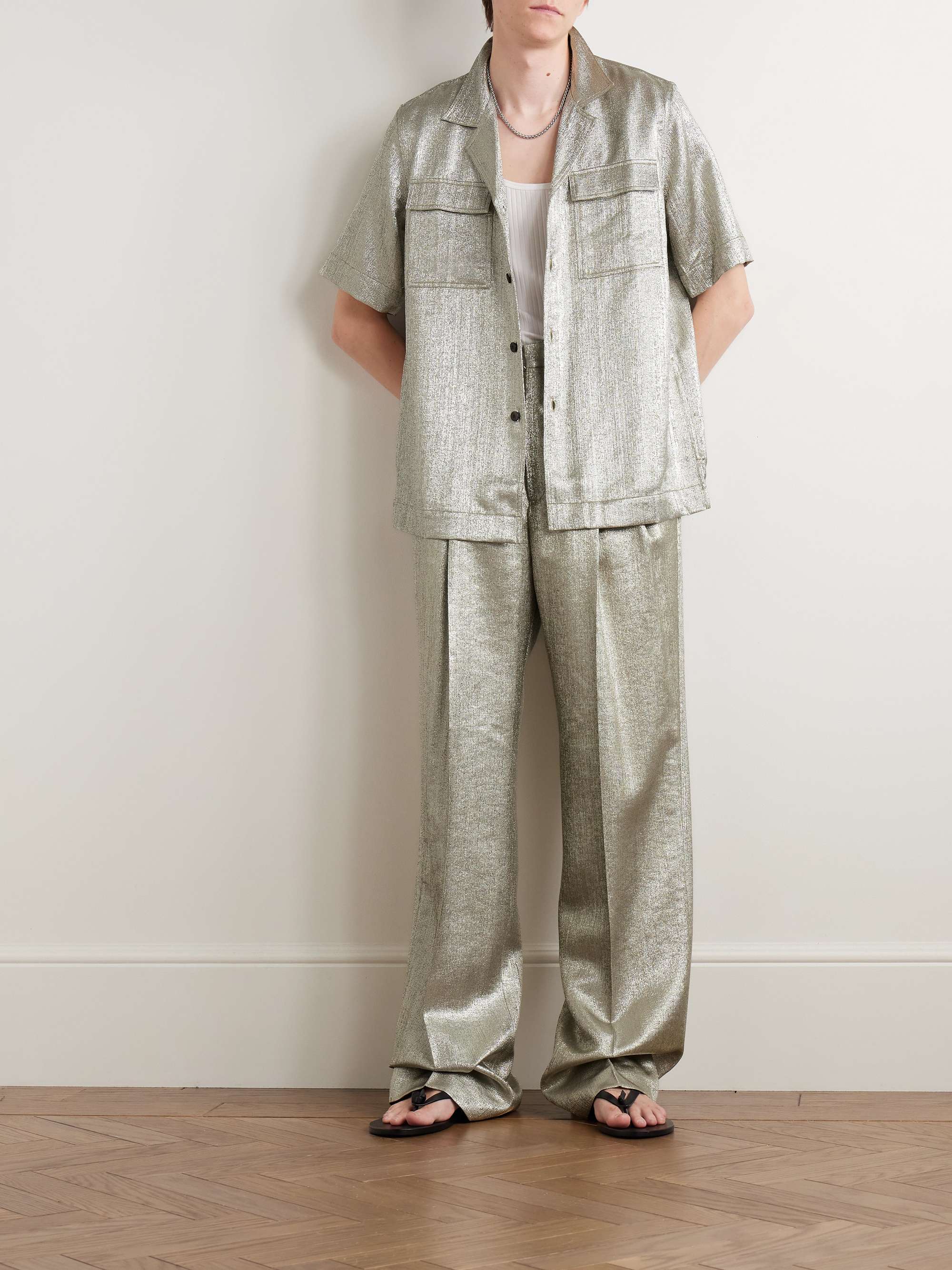 Wide-Leg Pleated Lamé Trousers view