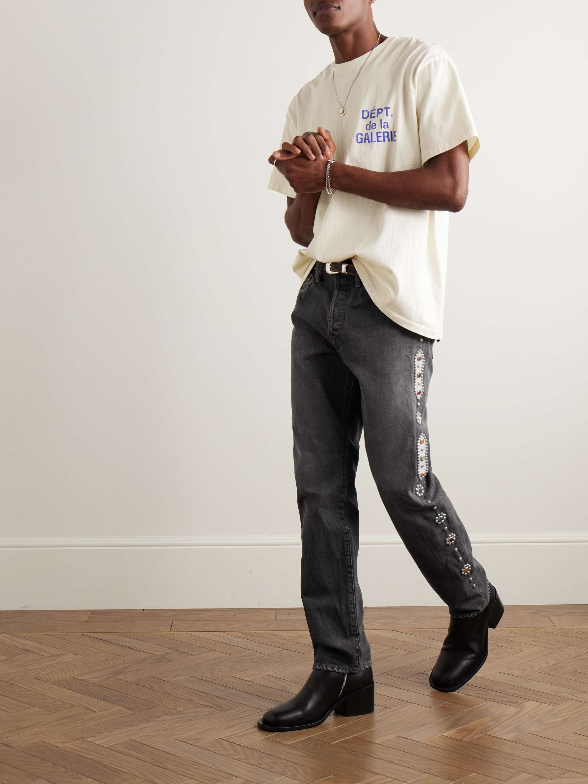 Monkey CISCO Straight-Leg Embellished Leather-Trimmed Jeans view