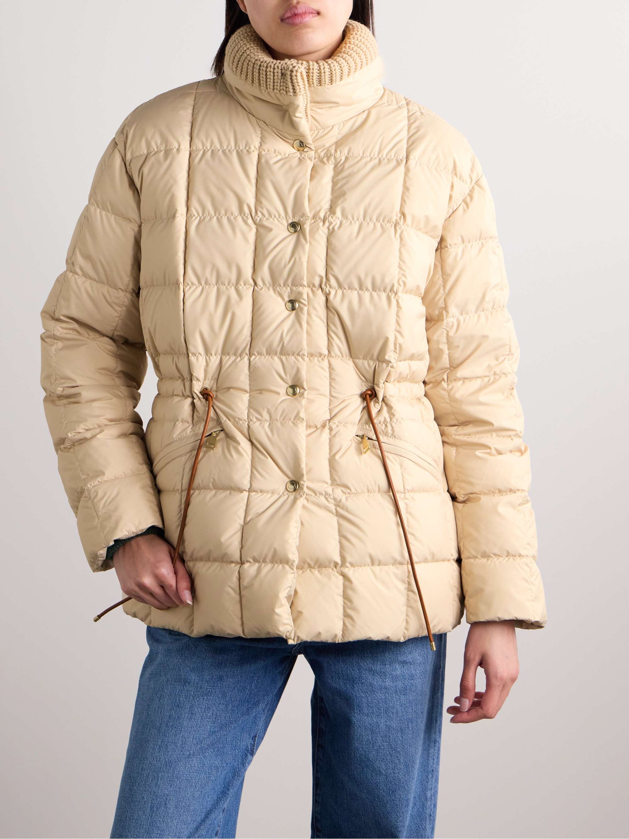 Antigone ribbed-knit and leather-trimmed padded quilted shell down jacket view