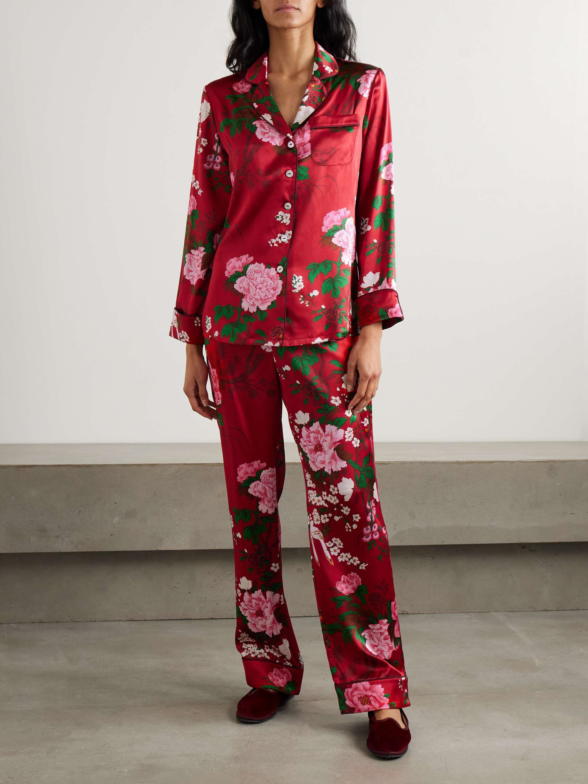 Lila floral-print silk-satin pajama set view