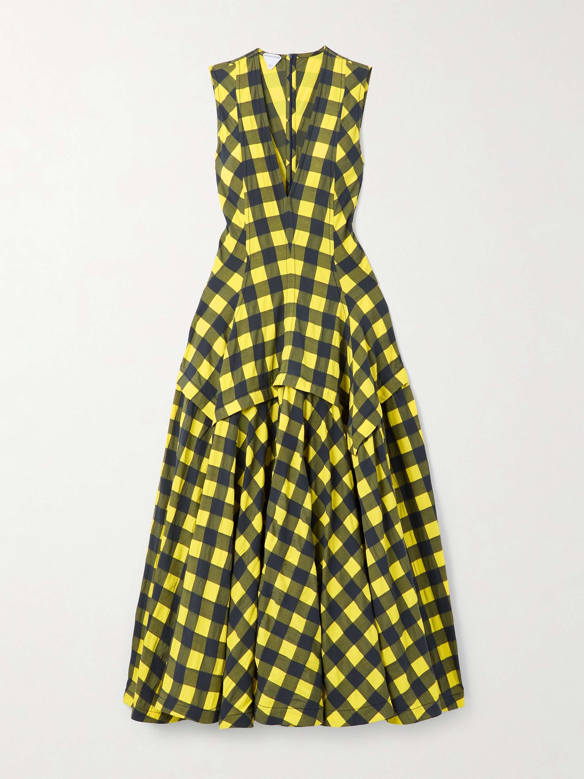Pleated paneled checked cotton midi dress view