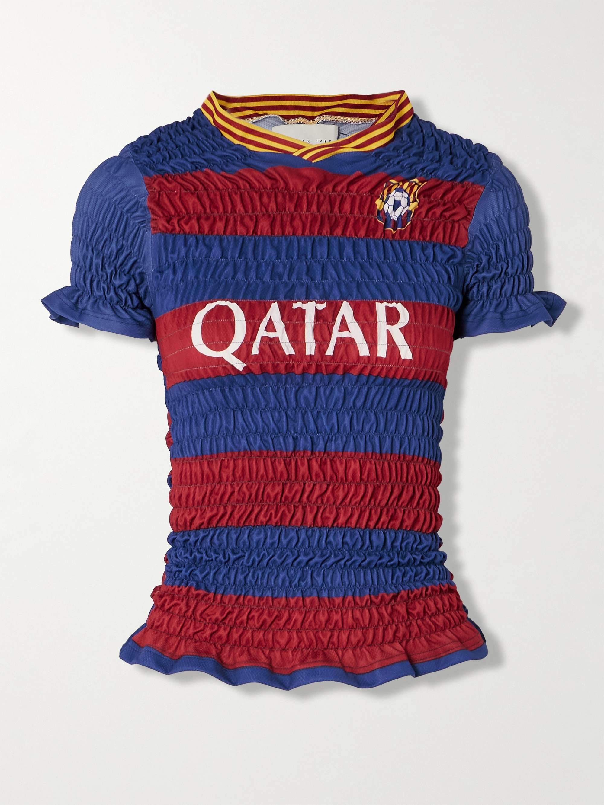 Printed shirred jersey top view