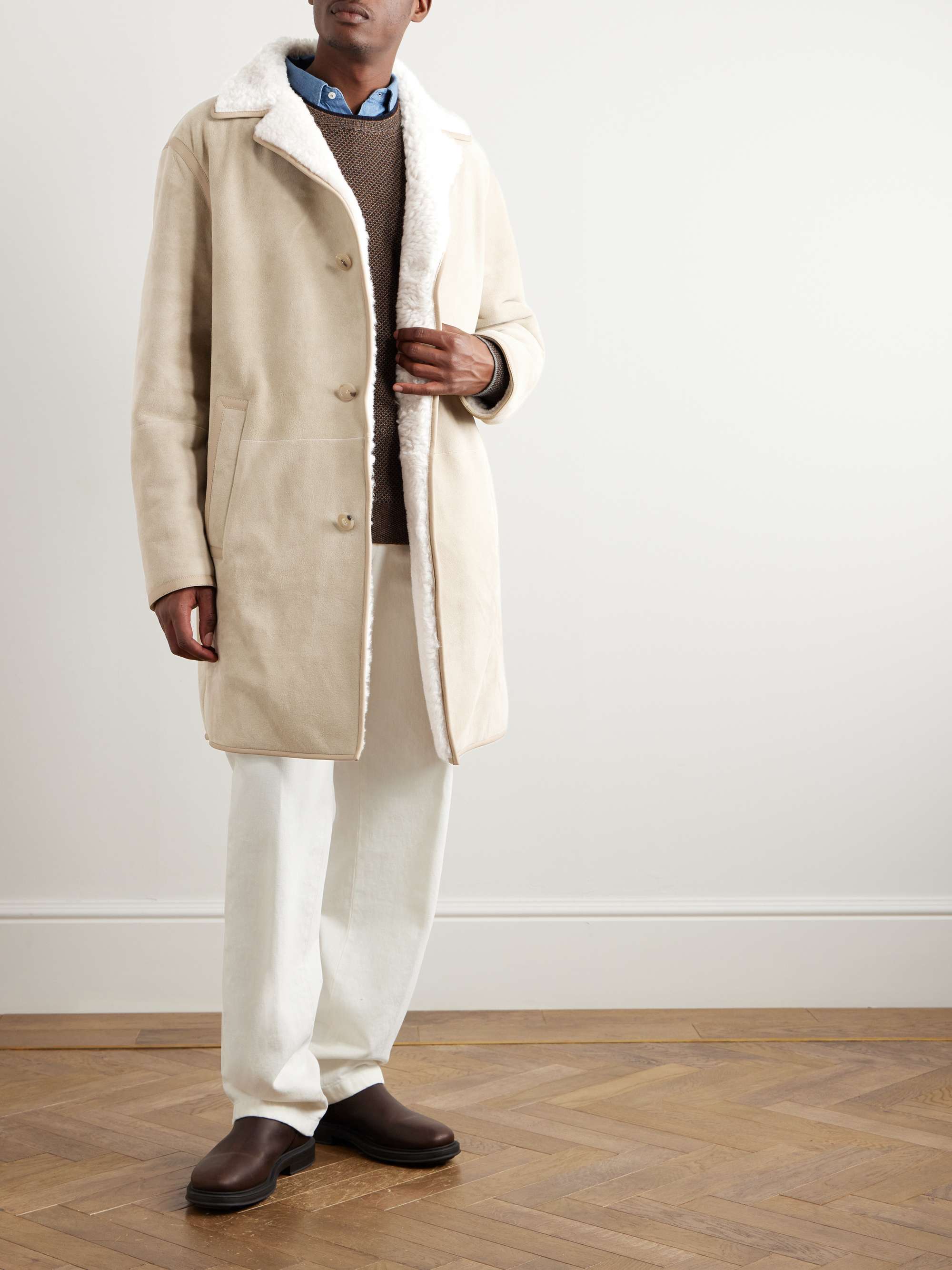 Leather-Trimmed Shearling Coat view