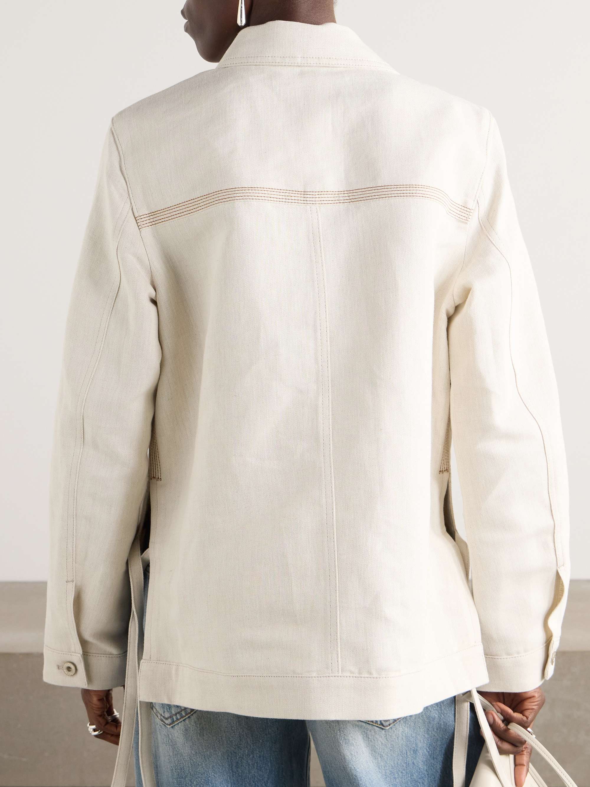 Asymmetric leather-trimmed cotton and linen-blend drill jacket view
