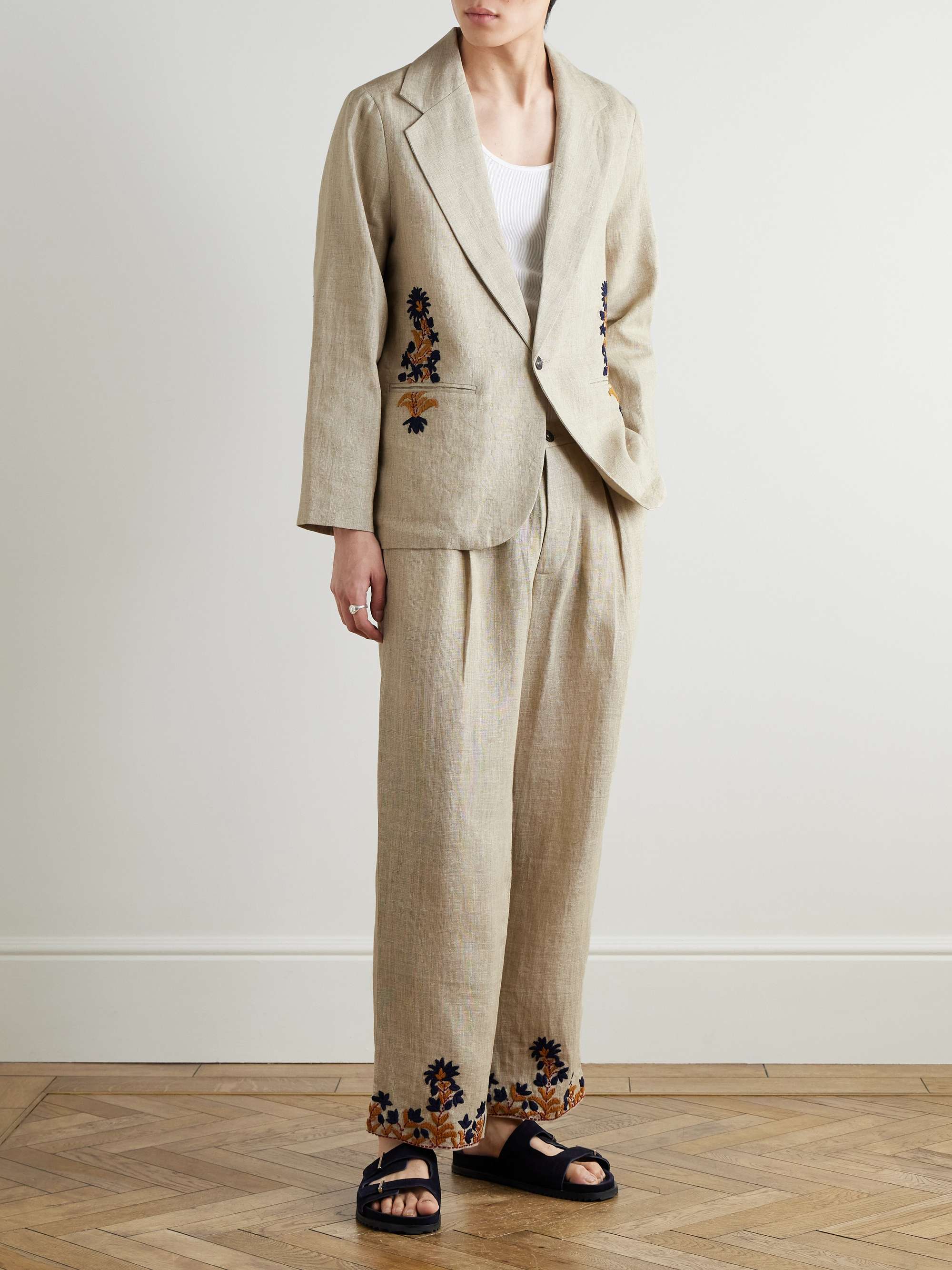Straight-Leg Embroidered Linen Trousers view