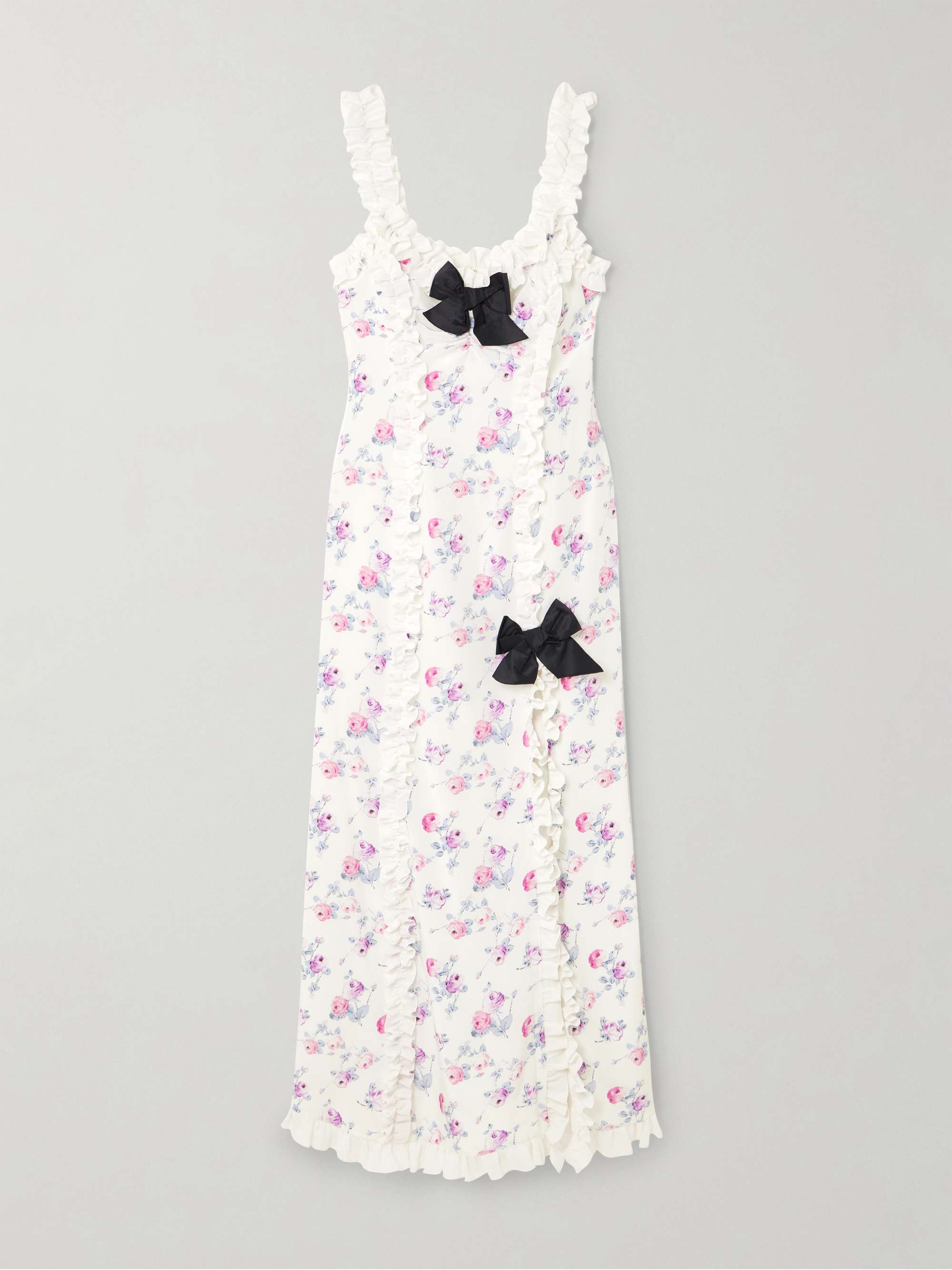 Bow-detailed taffeta-trimmed ruffled floral-print silk crepe de chine midi dress view