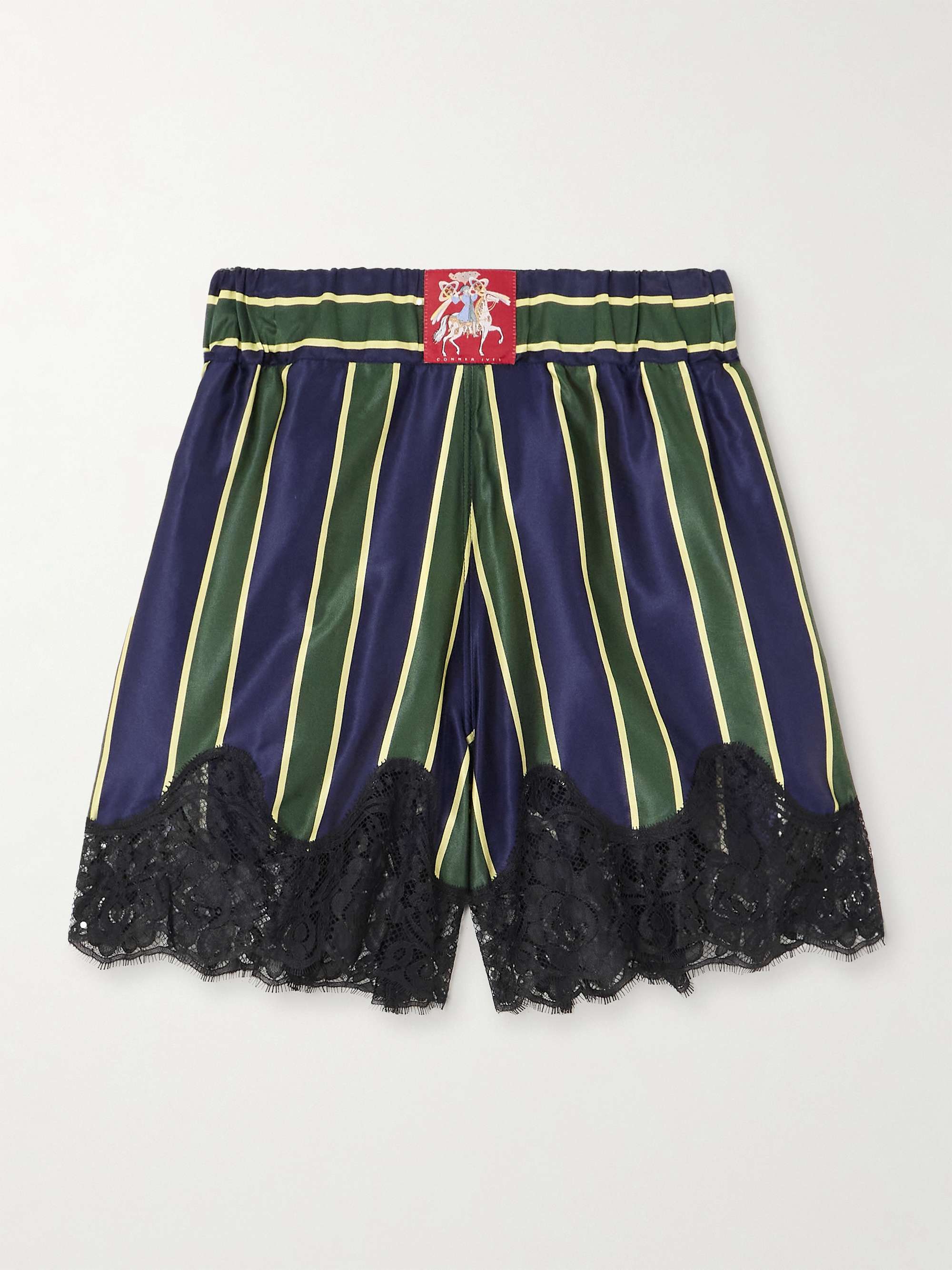 Appliquéd lace-trimmed striped cotton and silk-blend satin shorts view