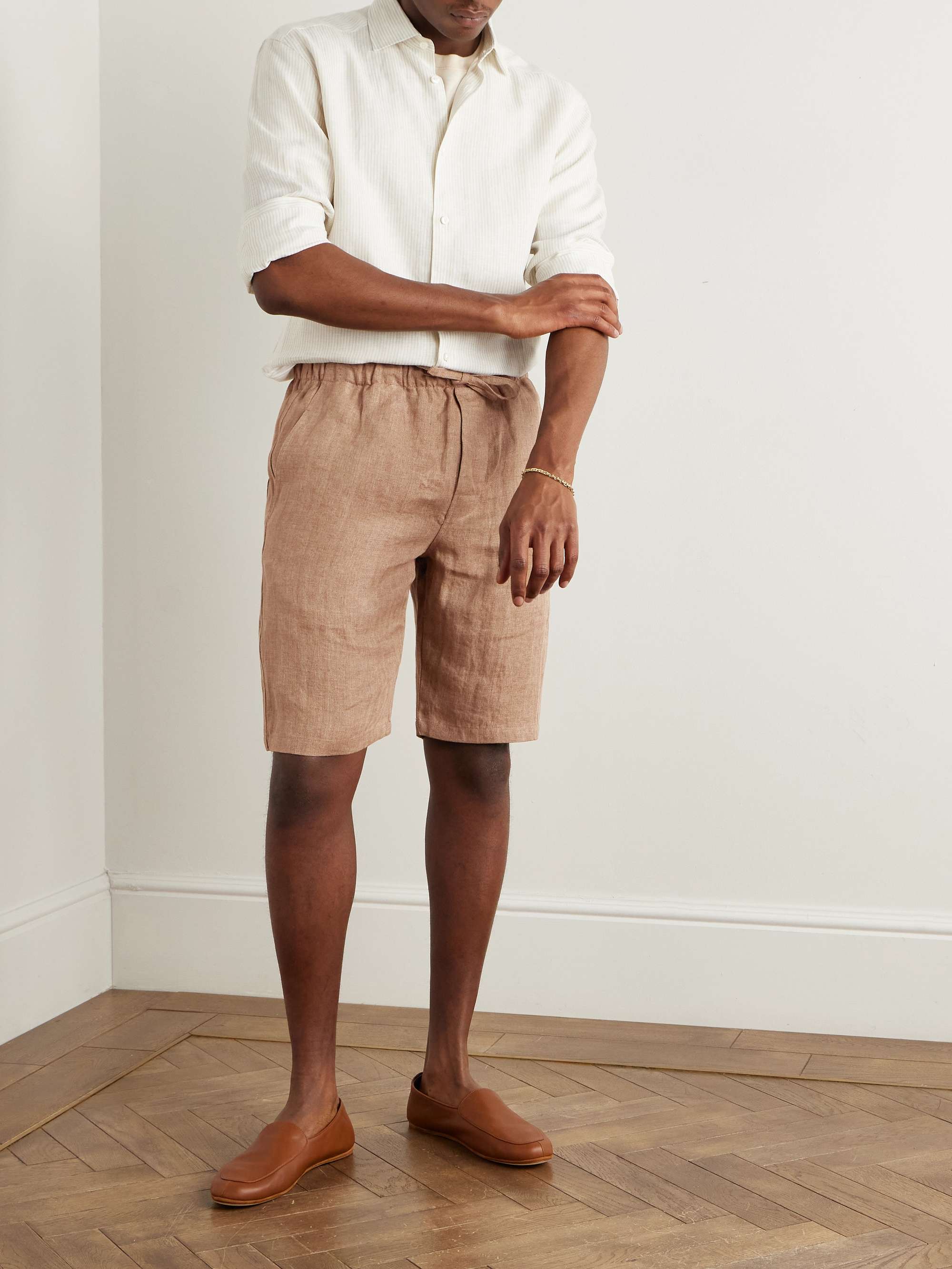 Straight-Leg Herringbone Linen Drawstring Shorts view