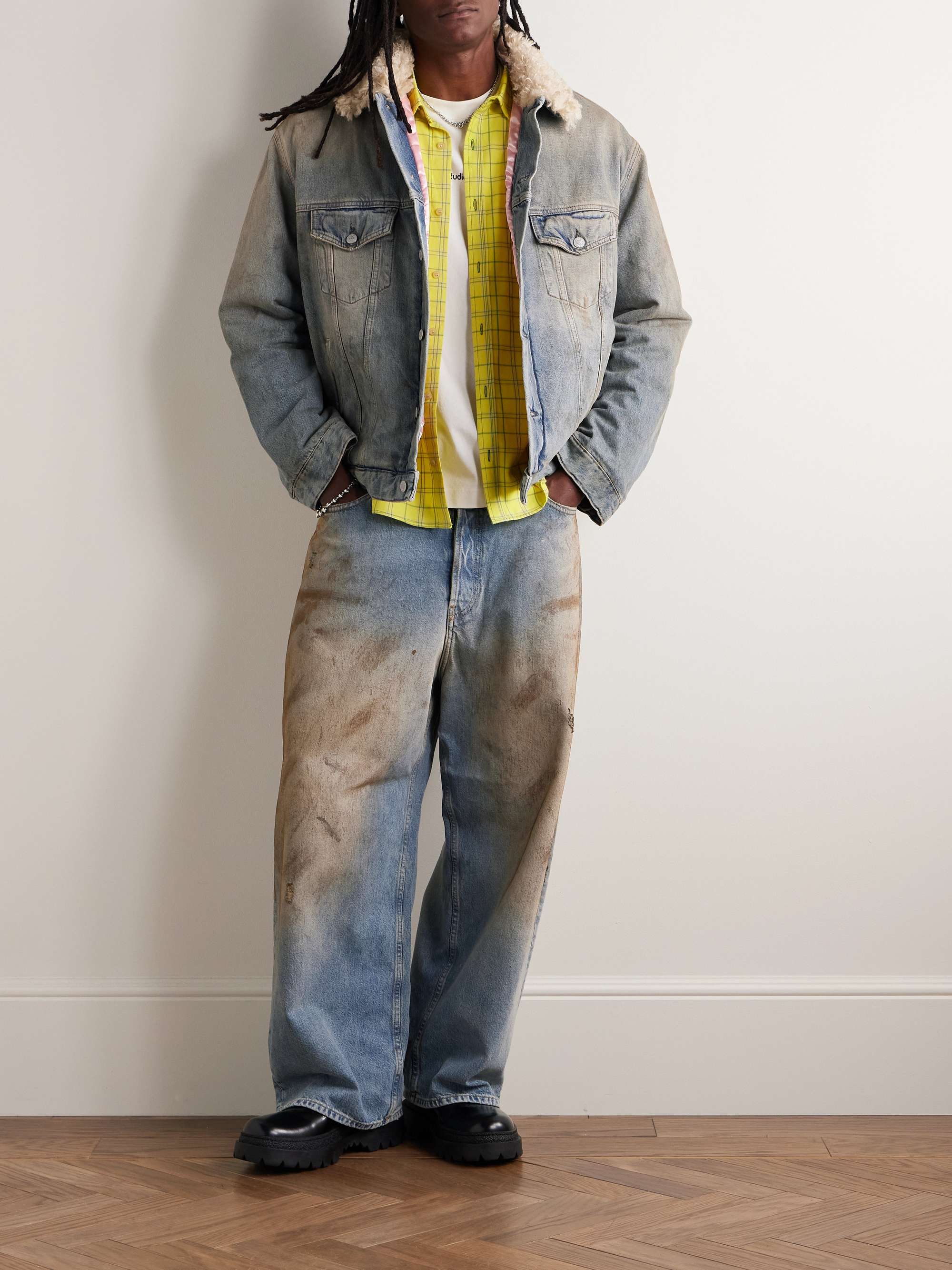 Robert Faux Shearling-Trimmed Padded Distressed Denim Jacket view