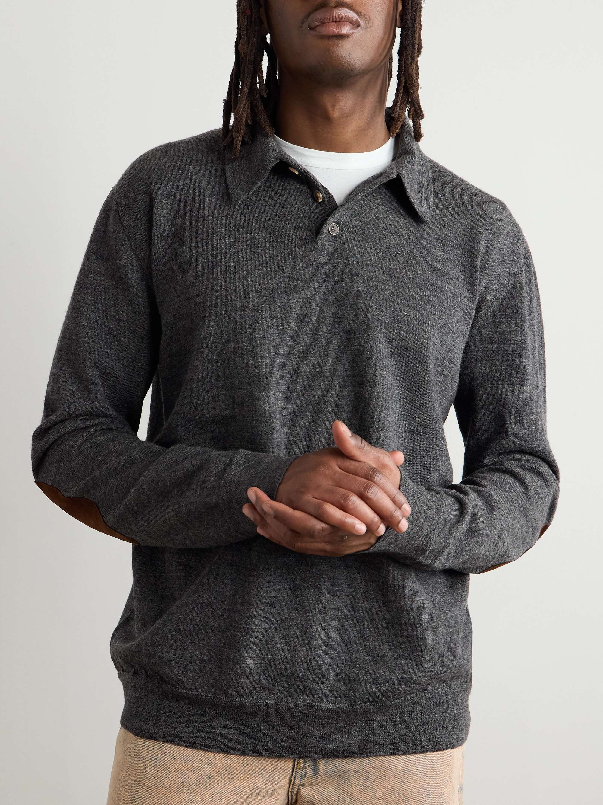 Suede-Trimmed Wool Polo Shirt view