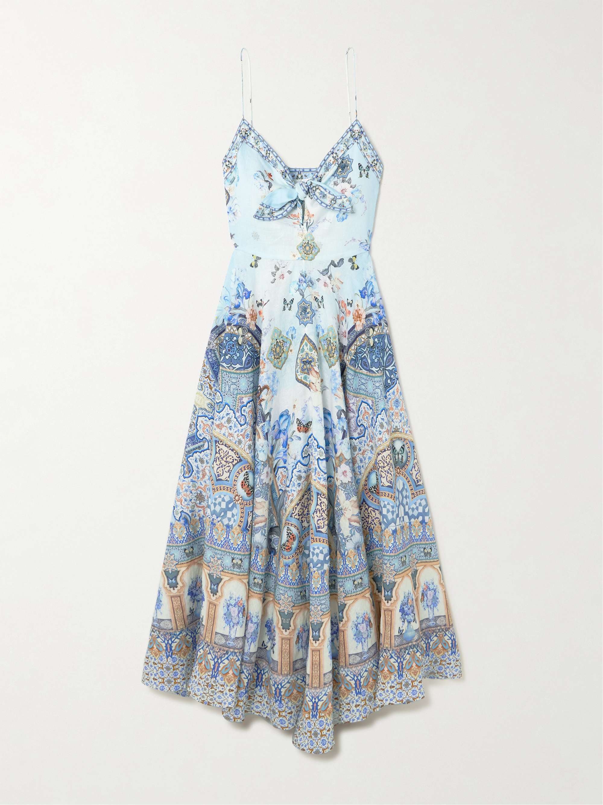 Tie-front crystal-embellished printed linen midi dress view