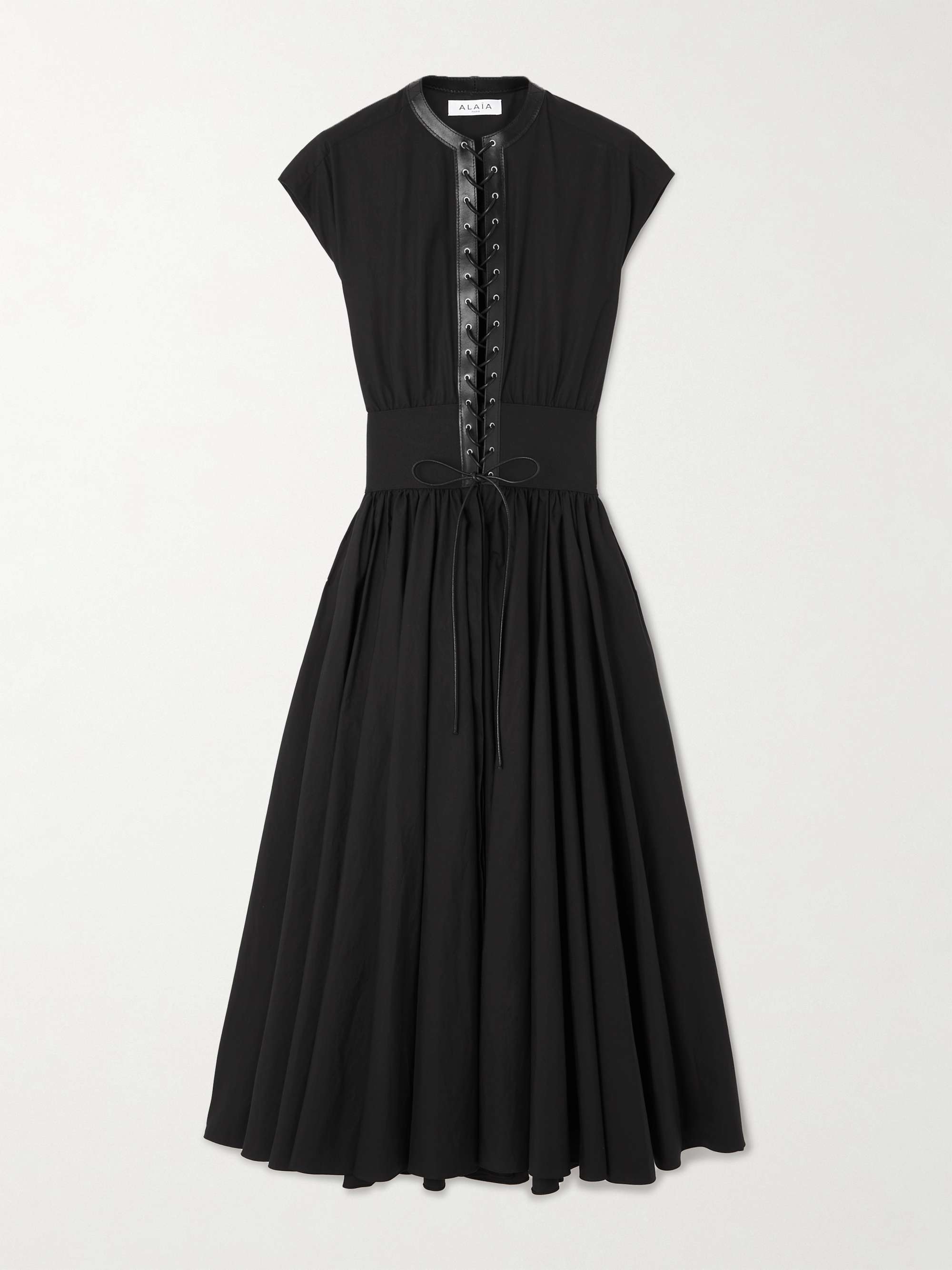 Belted leather-trimmed cotton midi dress view