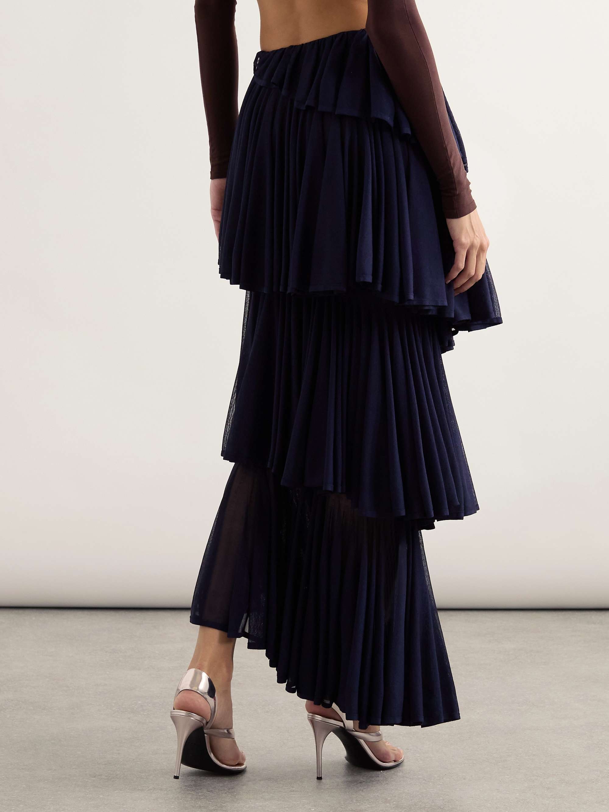 Asymmetric pleated tiered knit midi skirt view