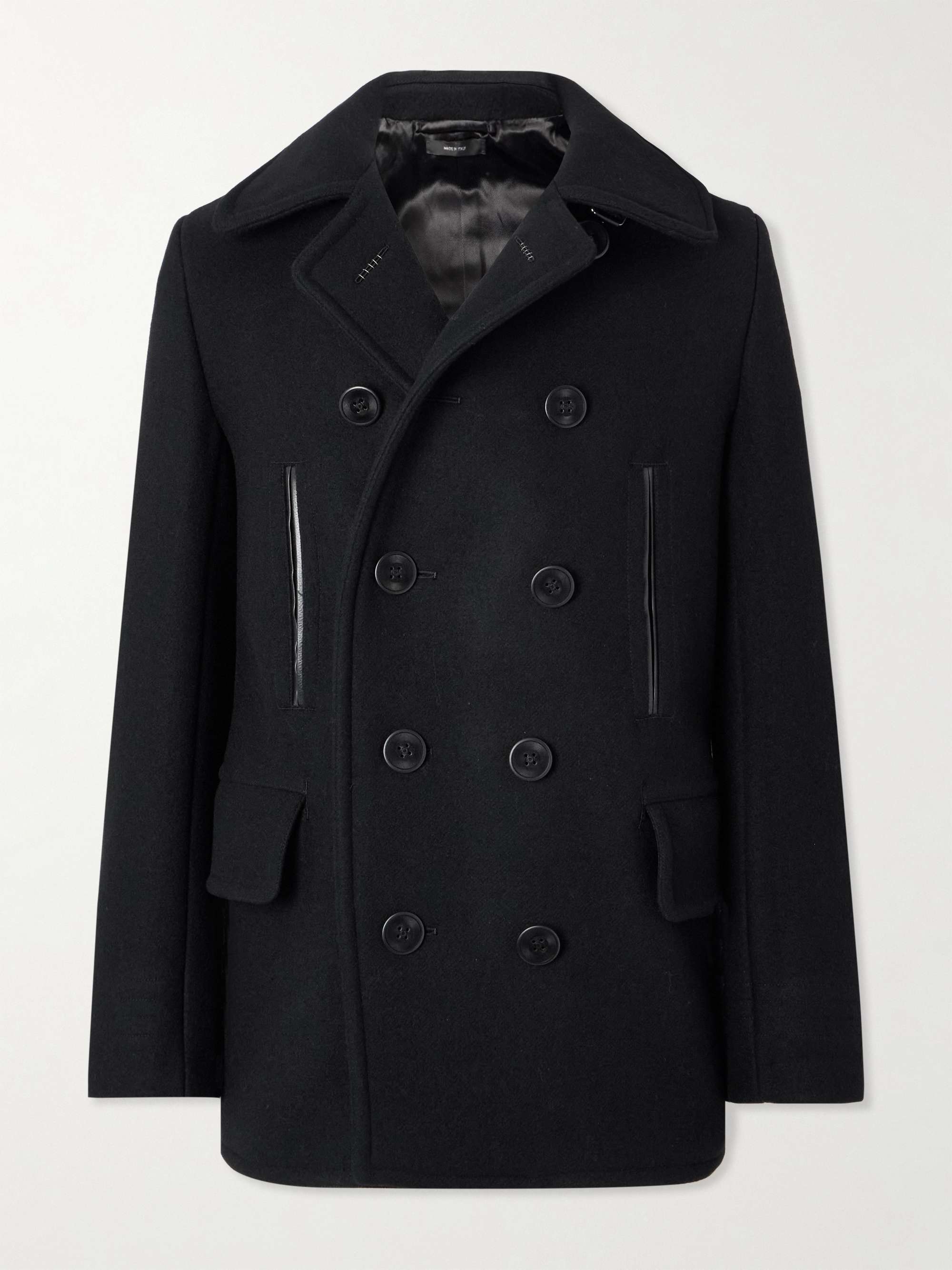 Leather-Trimmed Wool-Blend Peacoat view