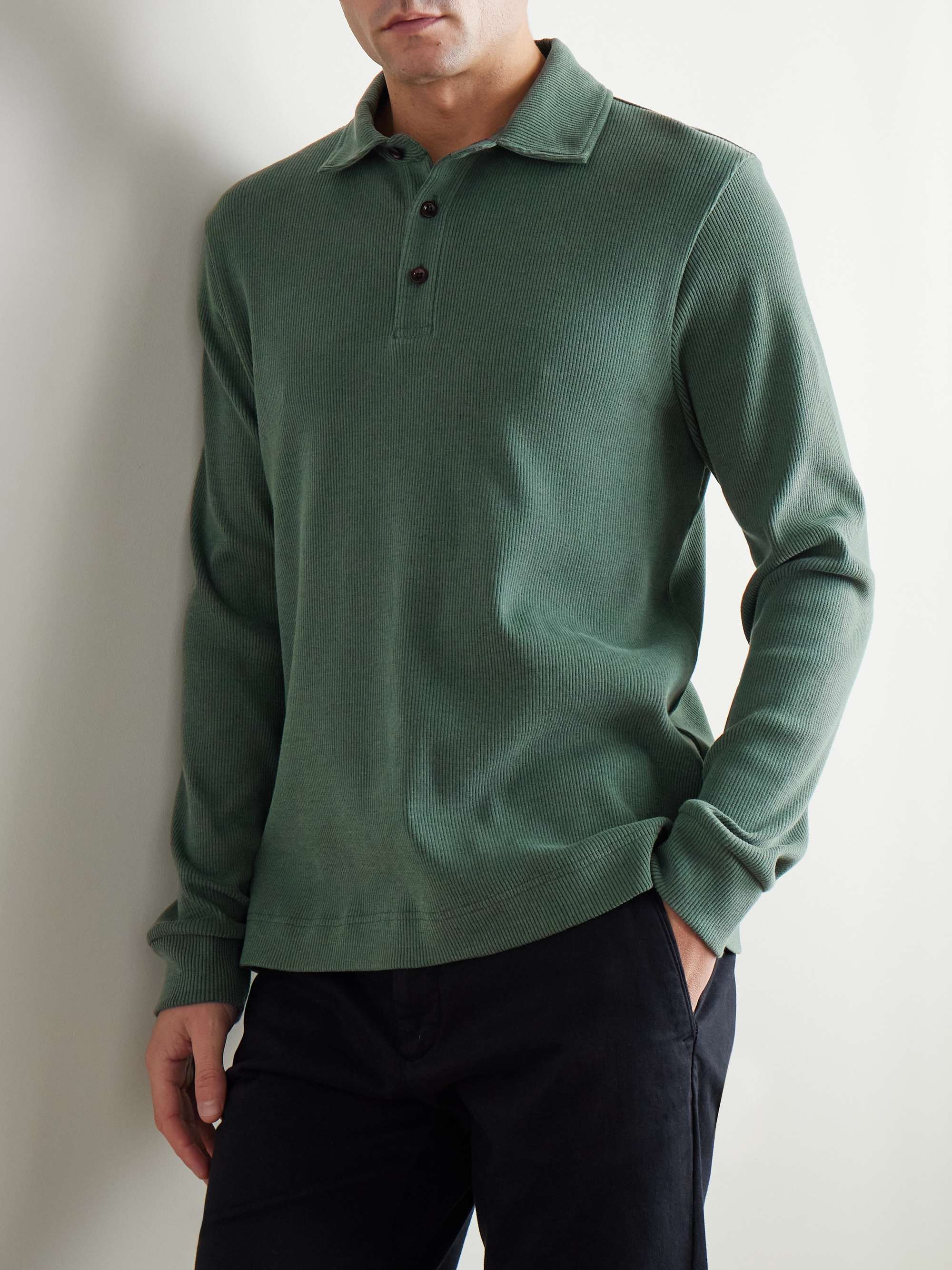 Ribbed Stretch Cotton and Merino Wool-Blend Polo Shirt view