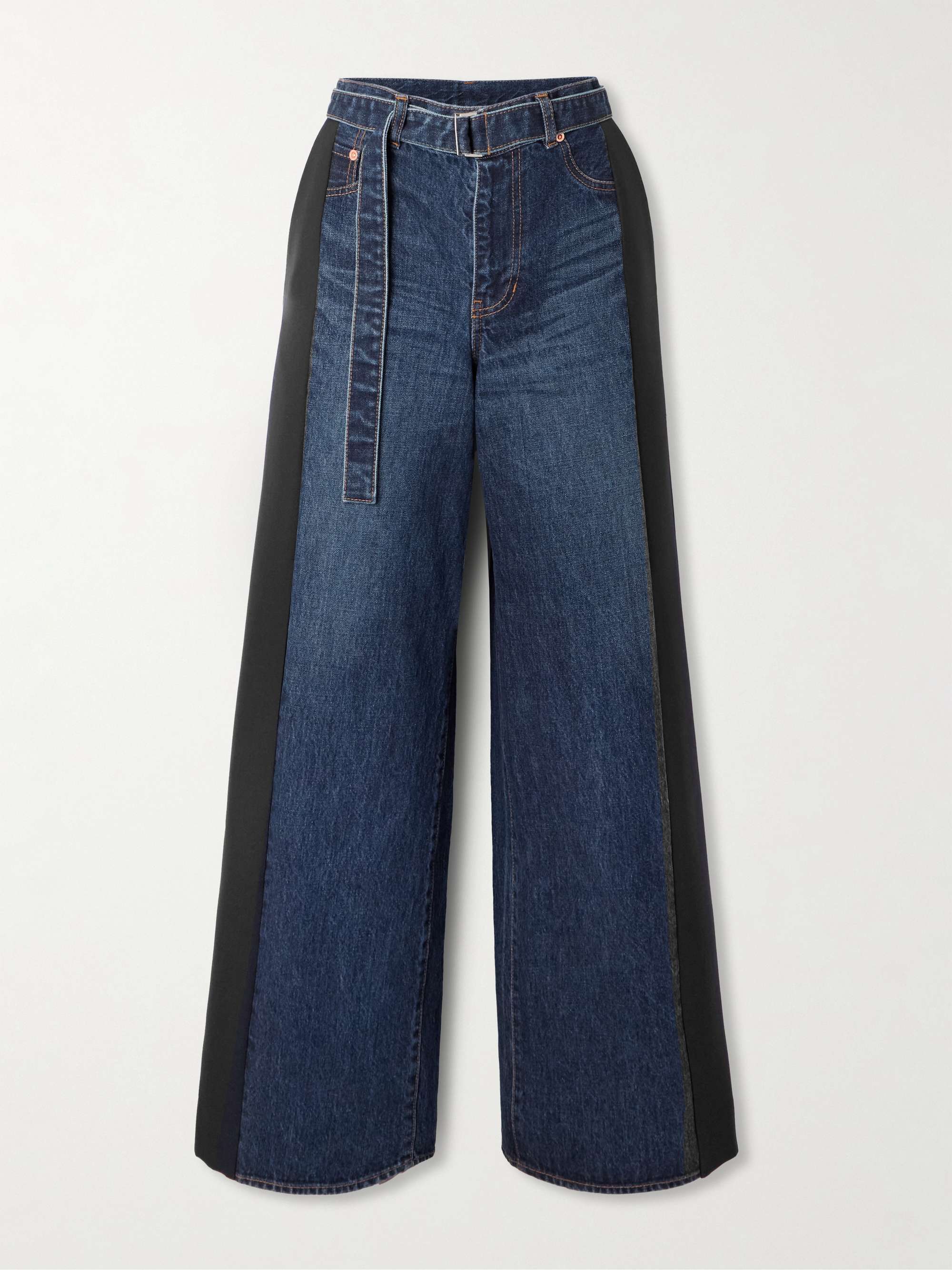 Belted wool-blend trimmed denim wide-leg pants view