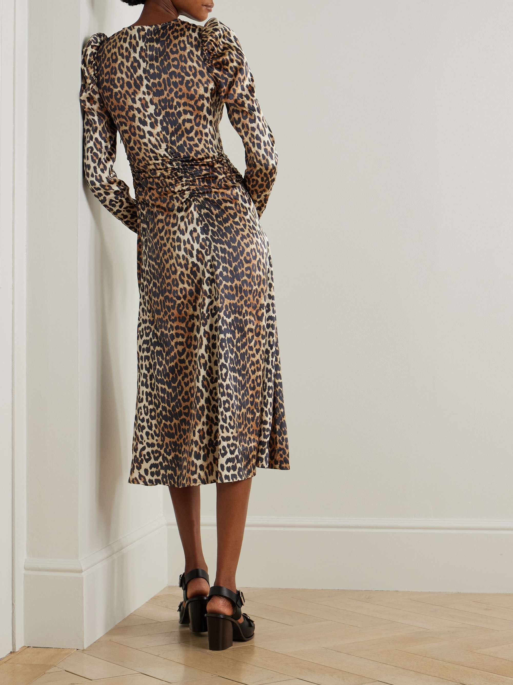 Tie-detailed ruched leopard-print satin midi dress view