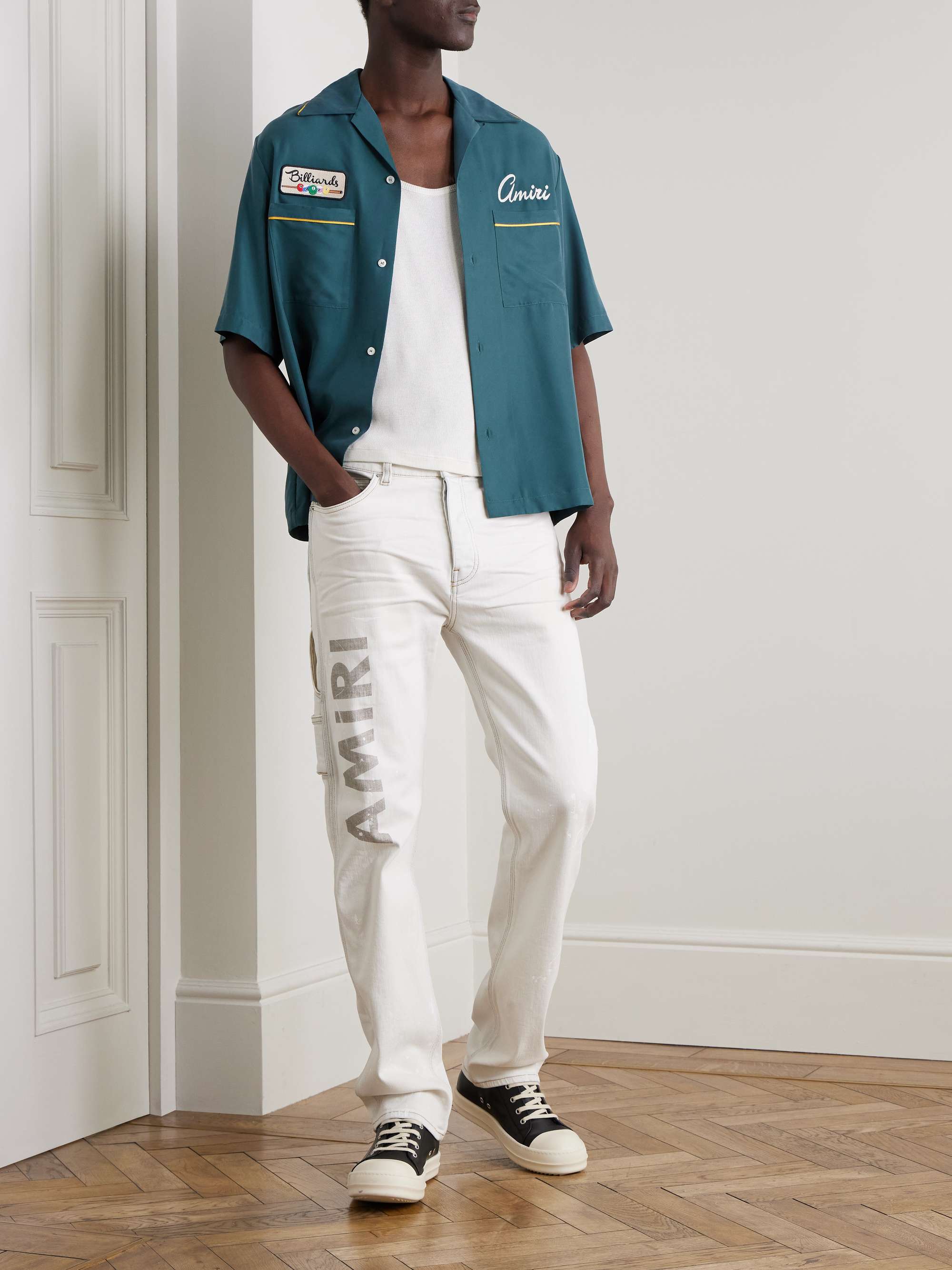 Slim-Fit Straight-Leg Logo-Print Paint-Splattered Jeans view