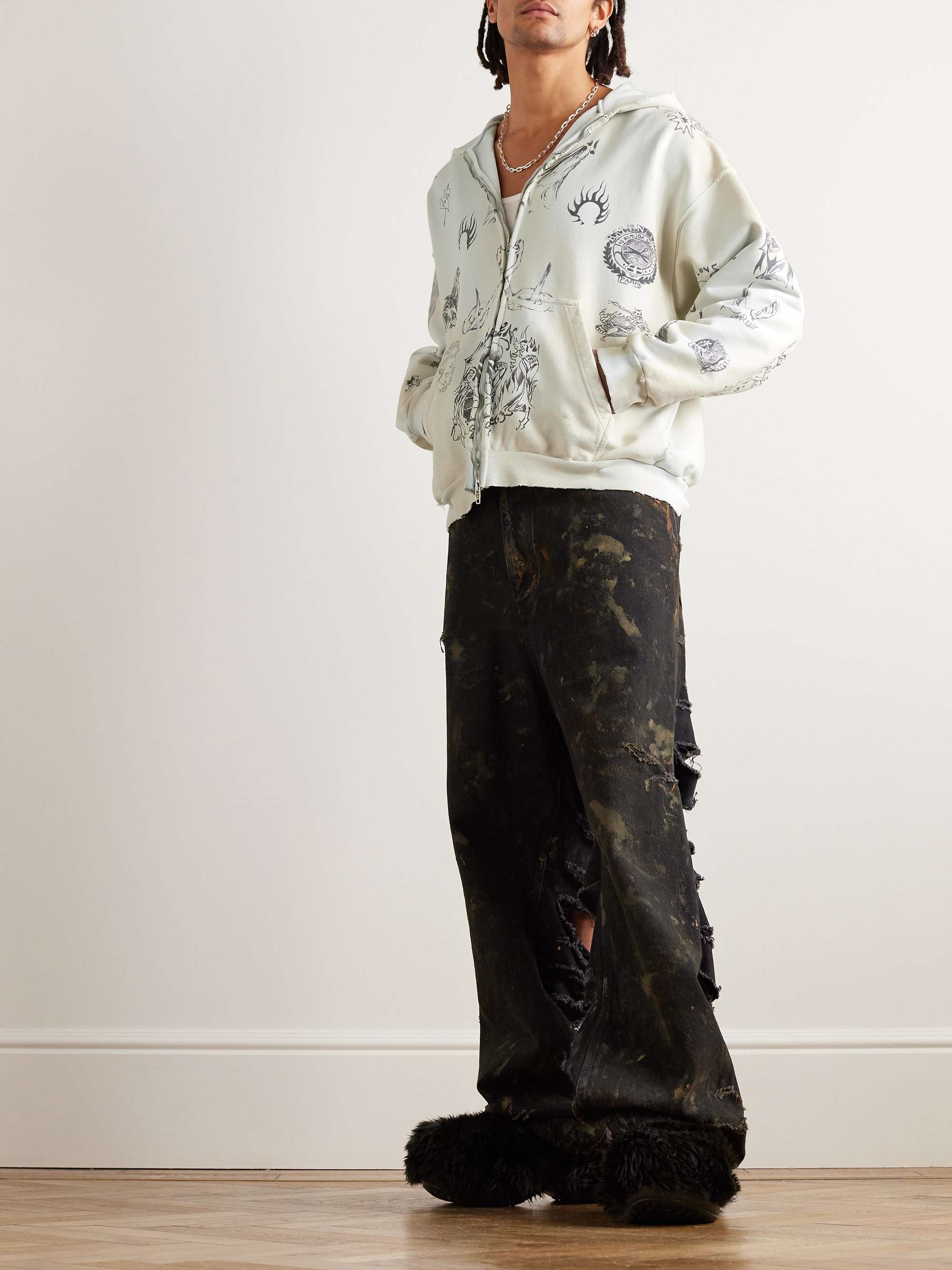 Tat Printed Distressed Cotton-Jersey Zip-Up Hoodie view