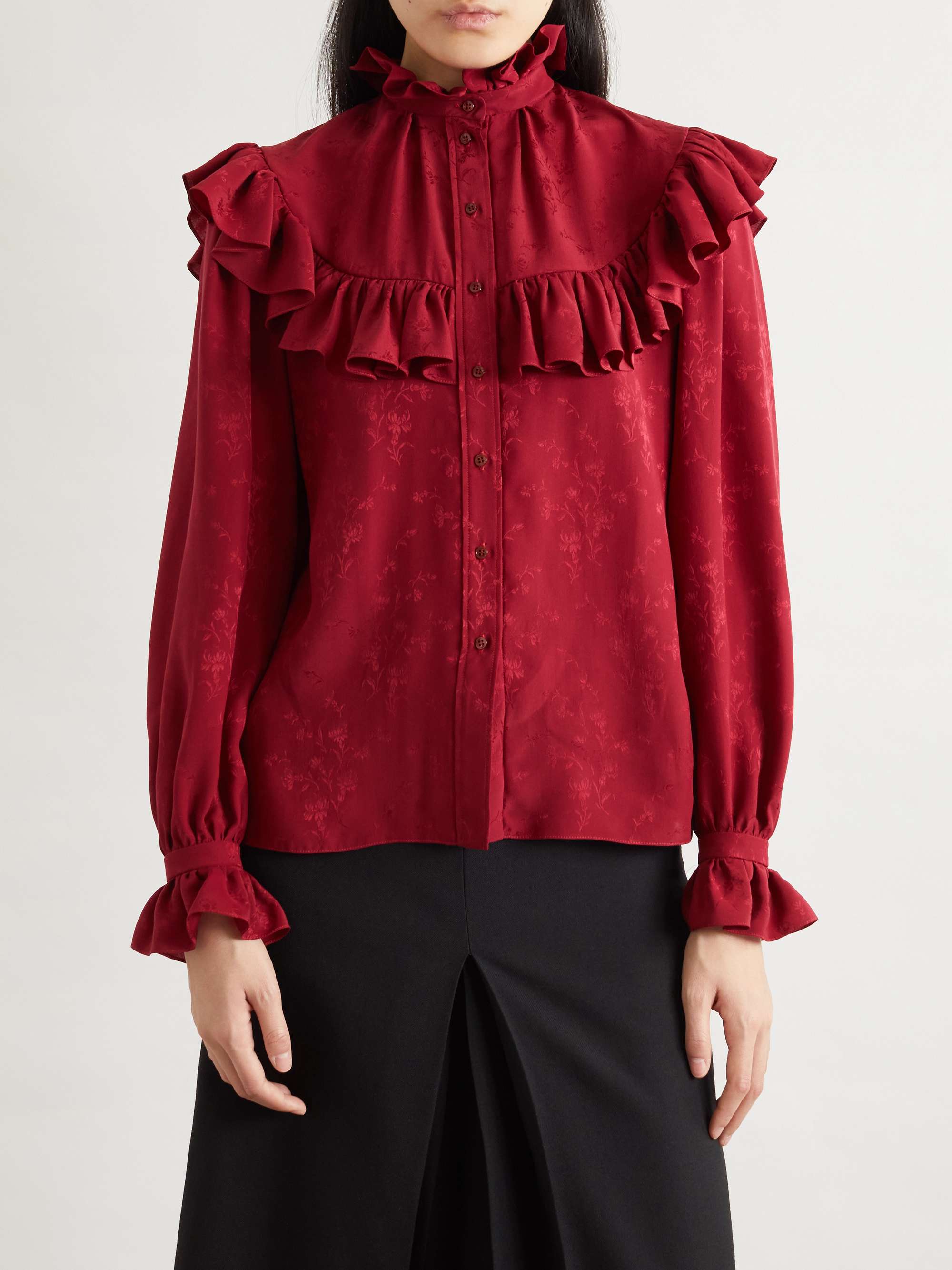 Ruffled floral silk-jacquard blouse view