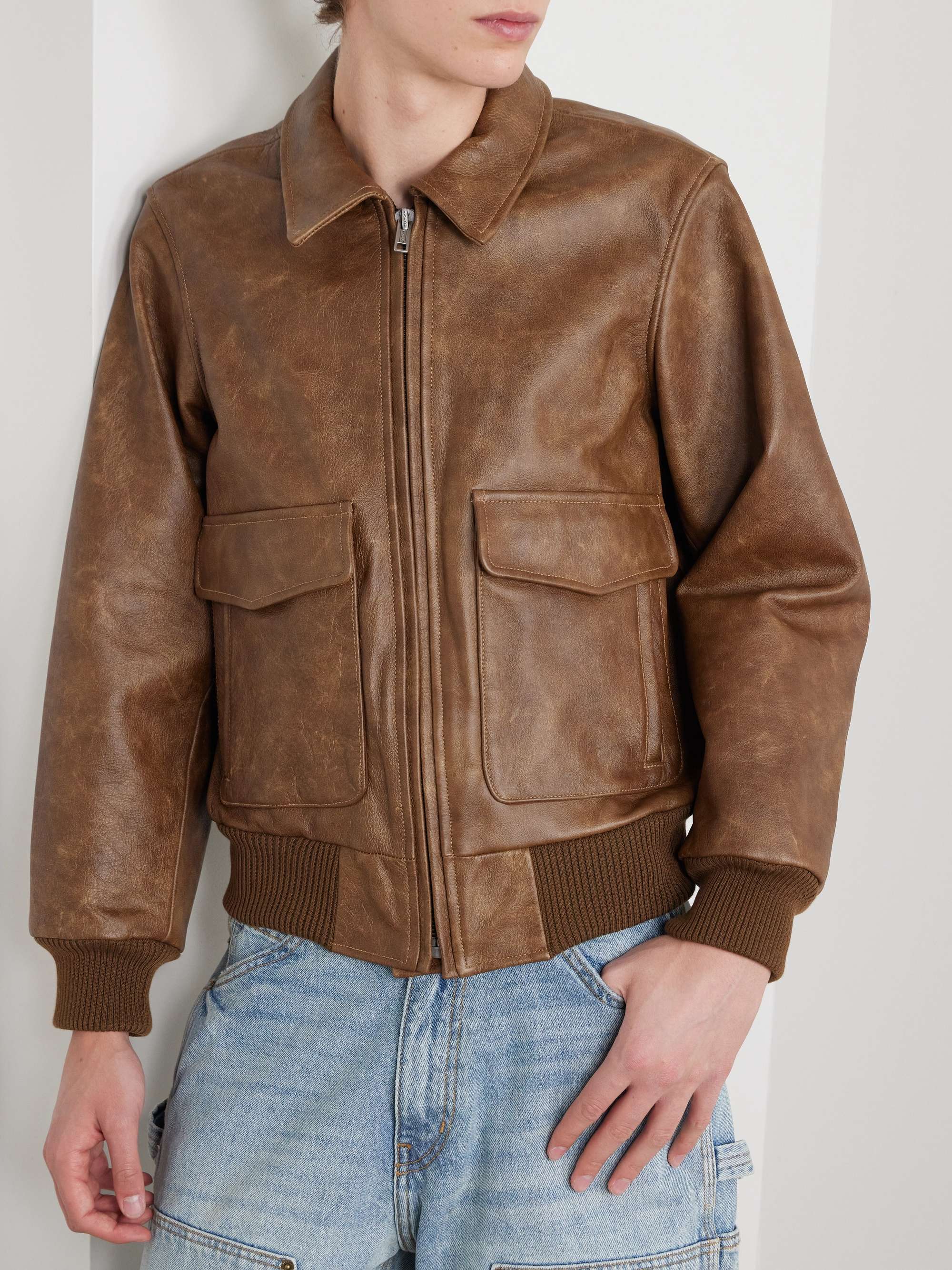 Oversized Logo-Print Leather Bomber Jacket view