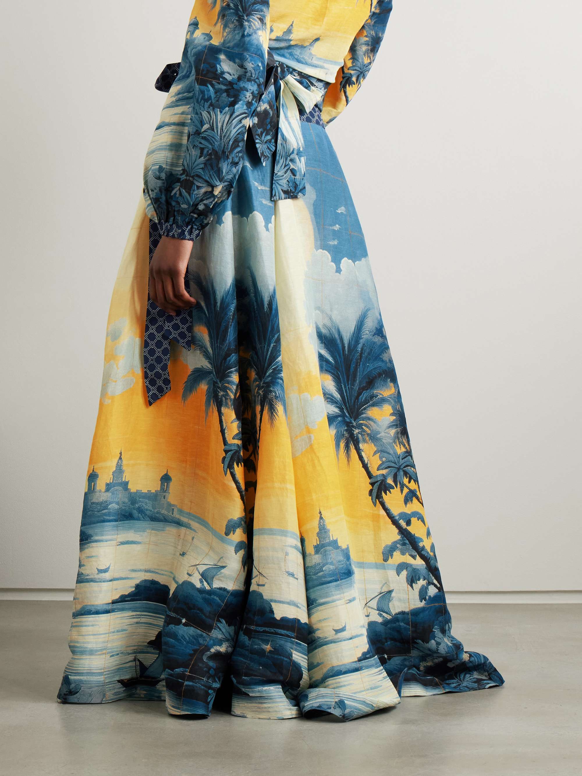 Embellished printed linen and silk-blend maxi wrap skirt view