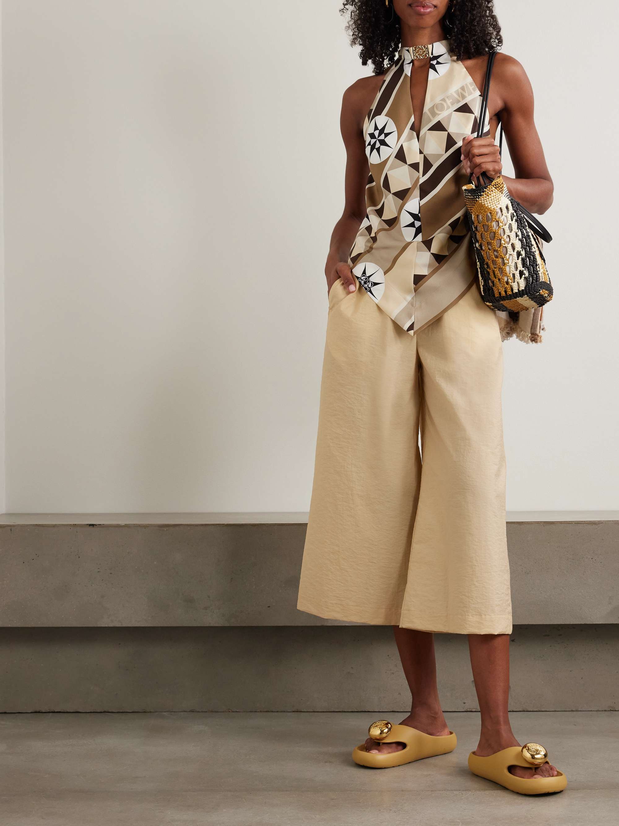 + Paula's Ibiza embellished cutout printed silk-twill halterneck top view