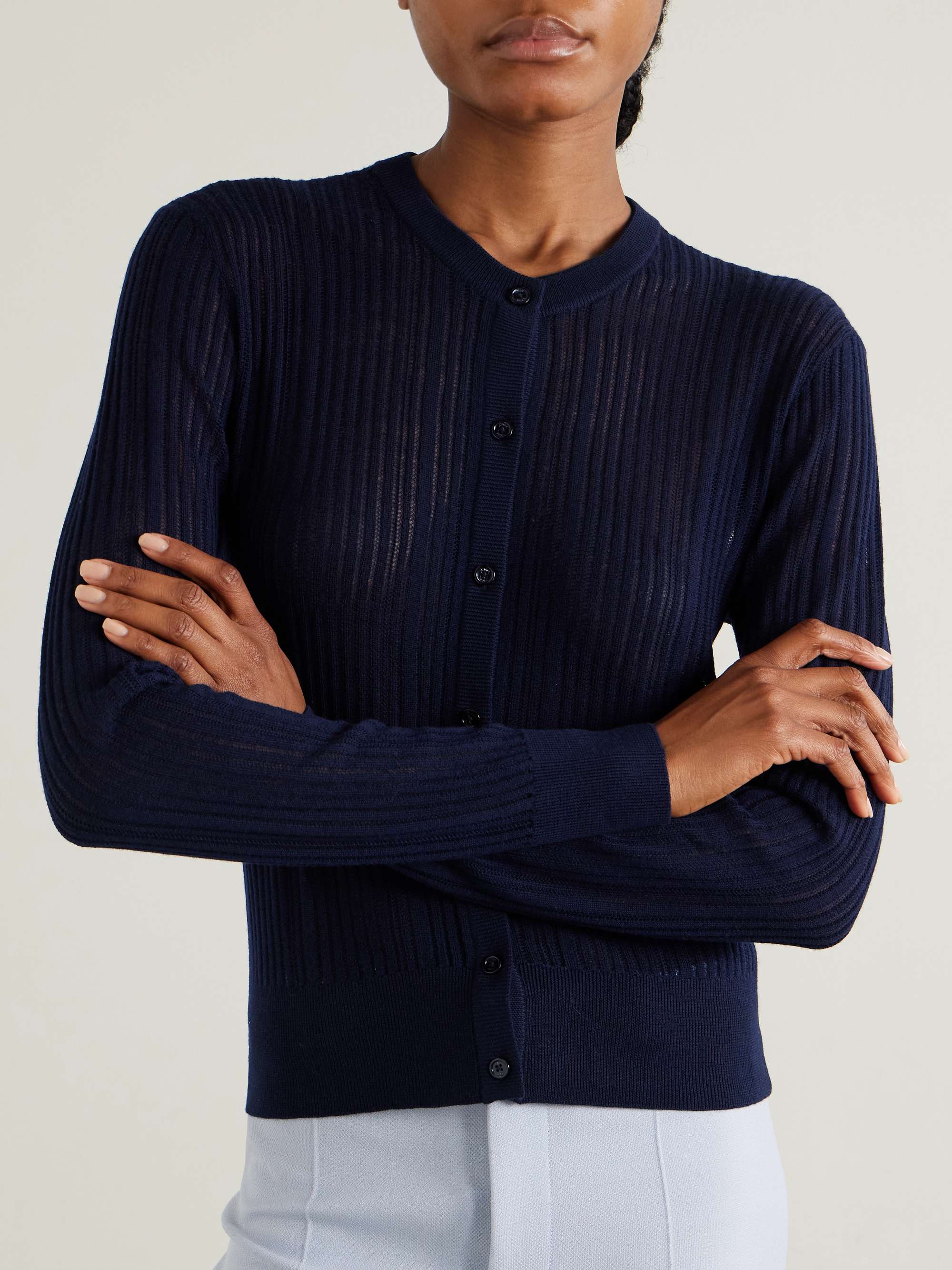 Ribbed pointelle-knit wool cardigan view