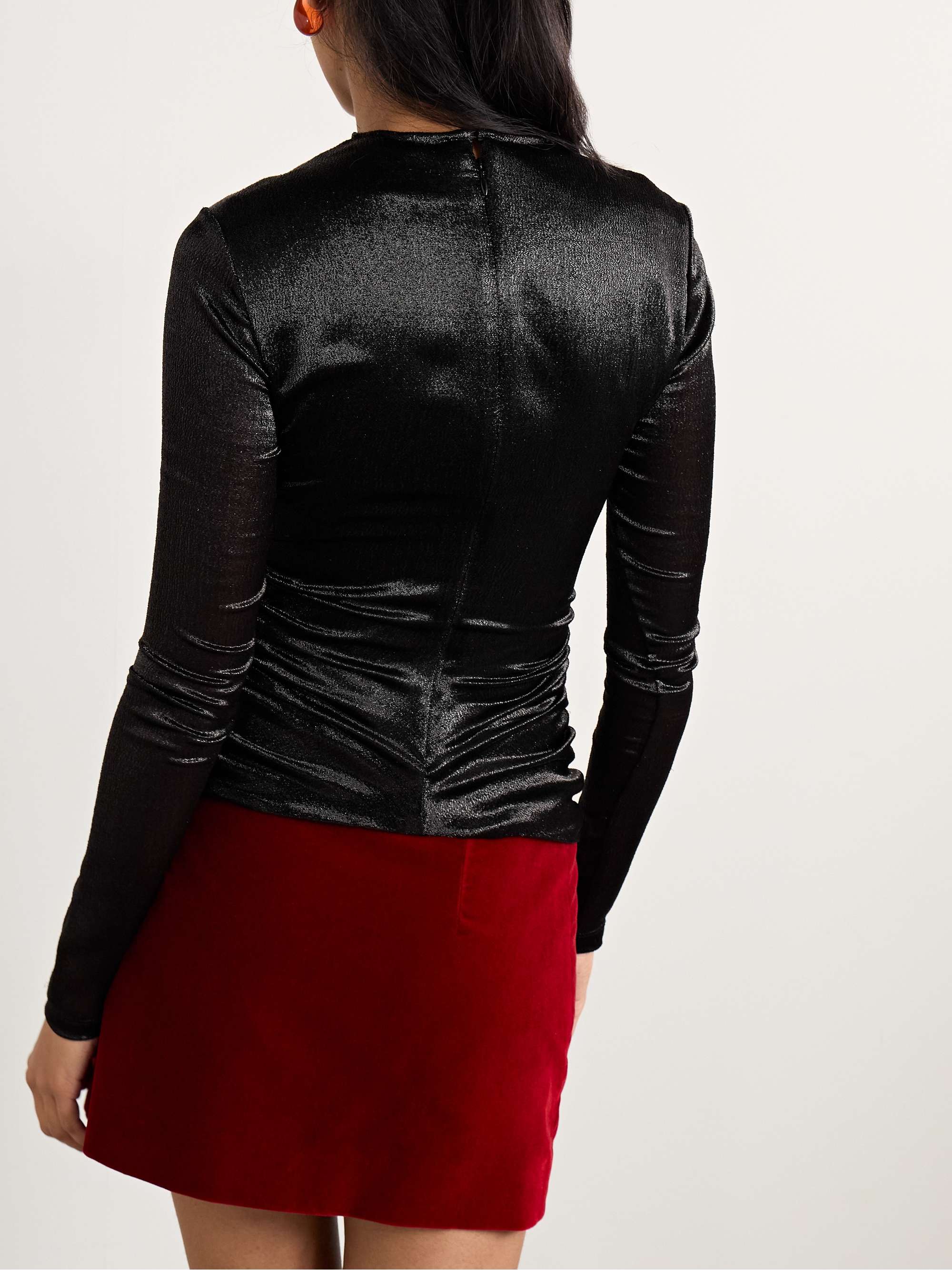 Rose cutout gathered metallic hammered silk-blend satin top view