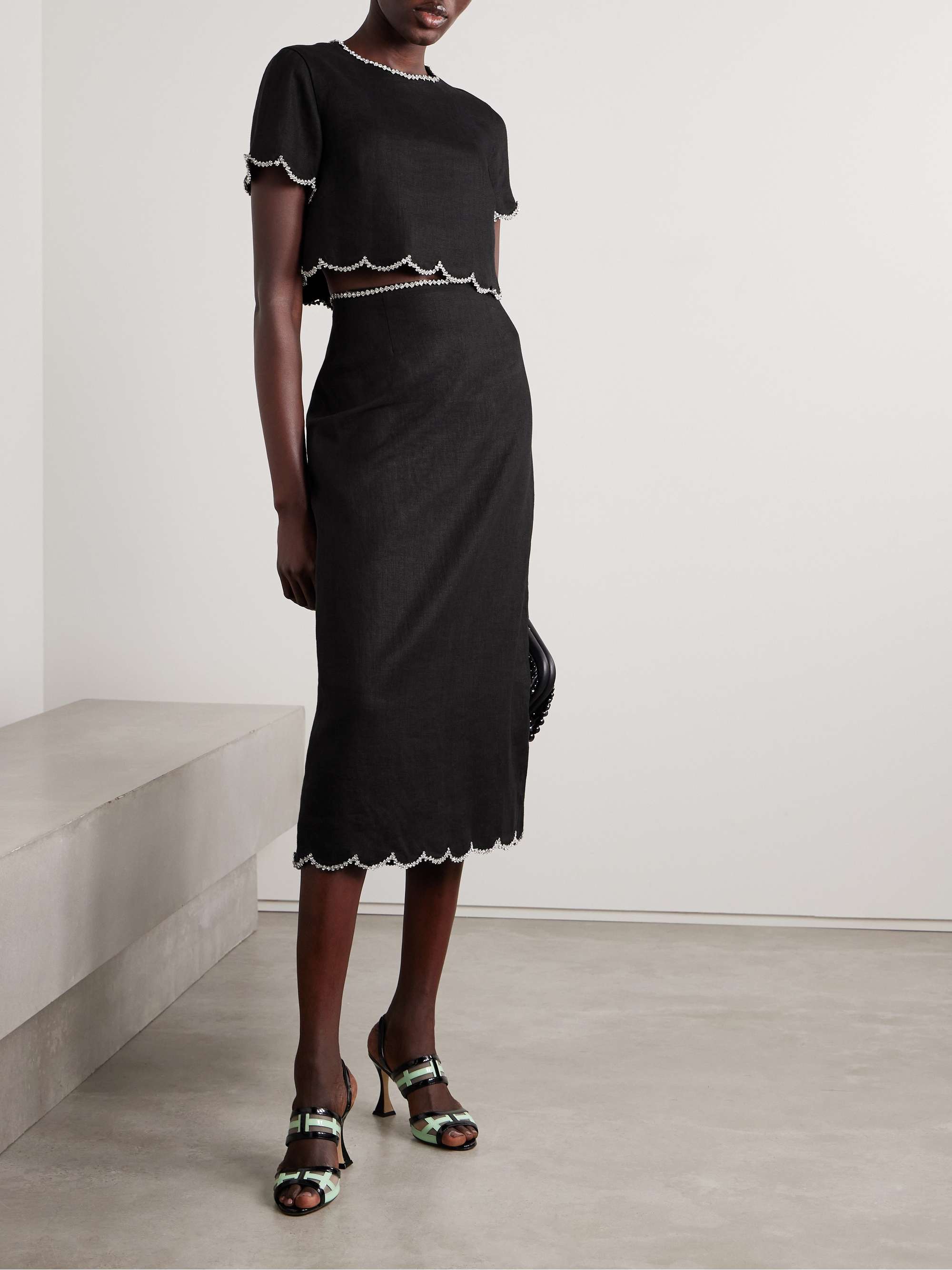 Crush crystal-embellished scalloped linen midi skirt view