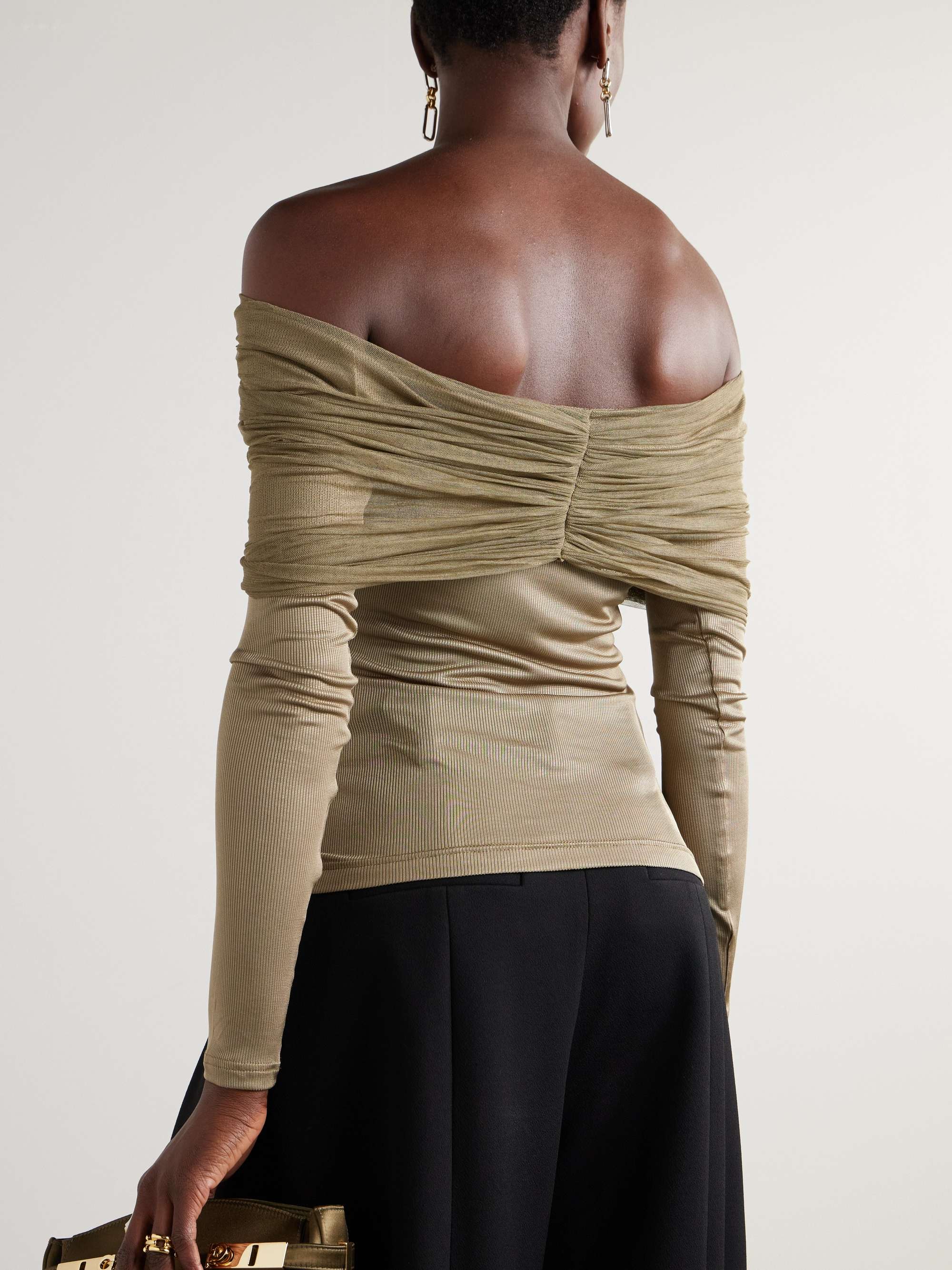 Veiled draped off-the-shoulder ribbed jersey and silk-tulle top view