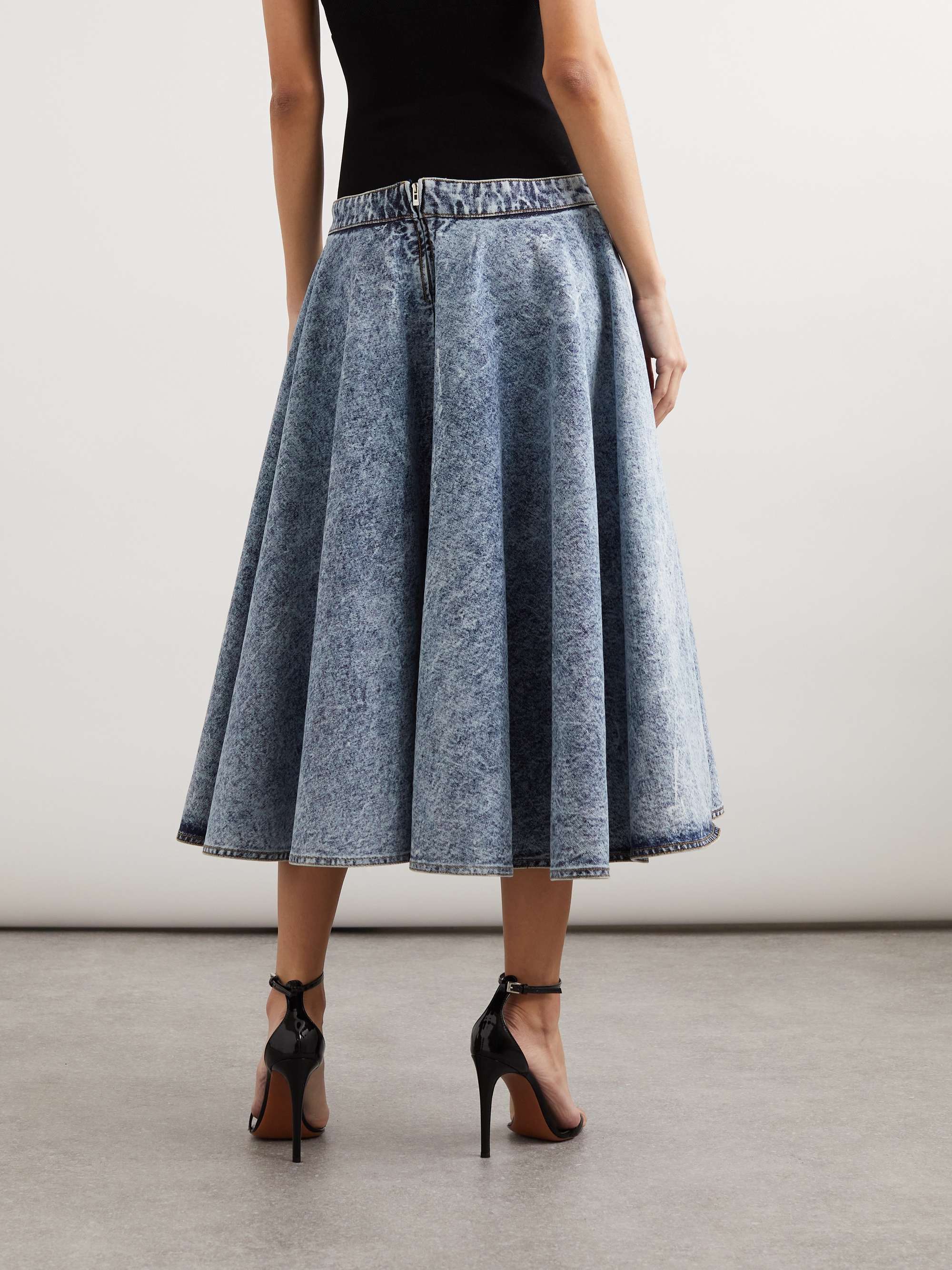 Stretch-knit and pleated denim midi skirt view