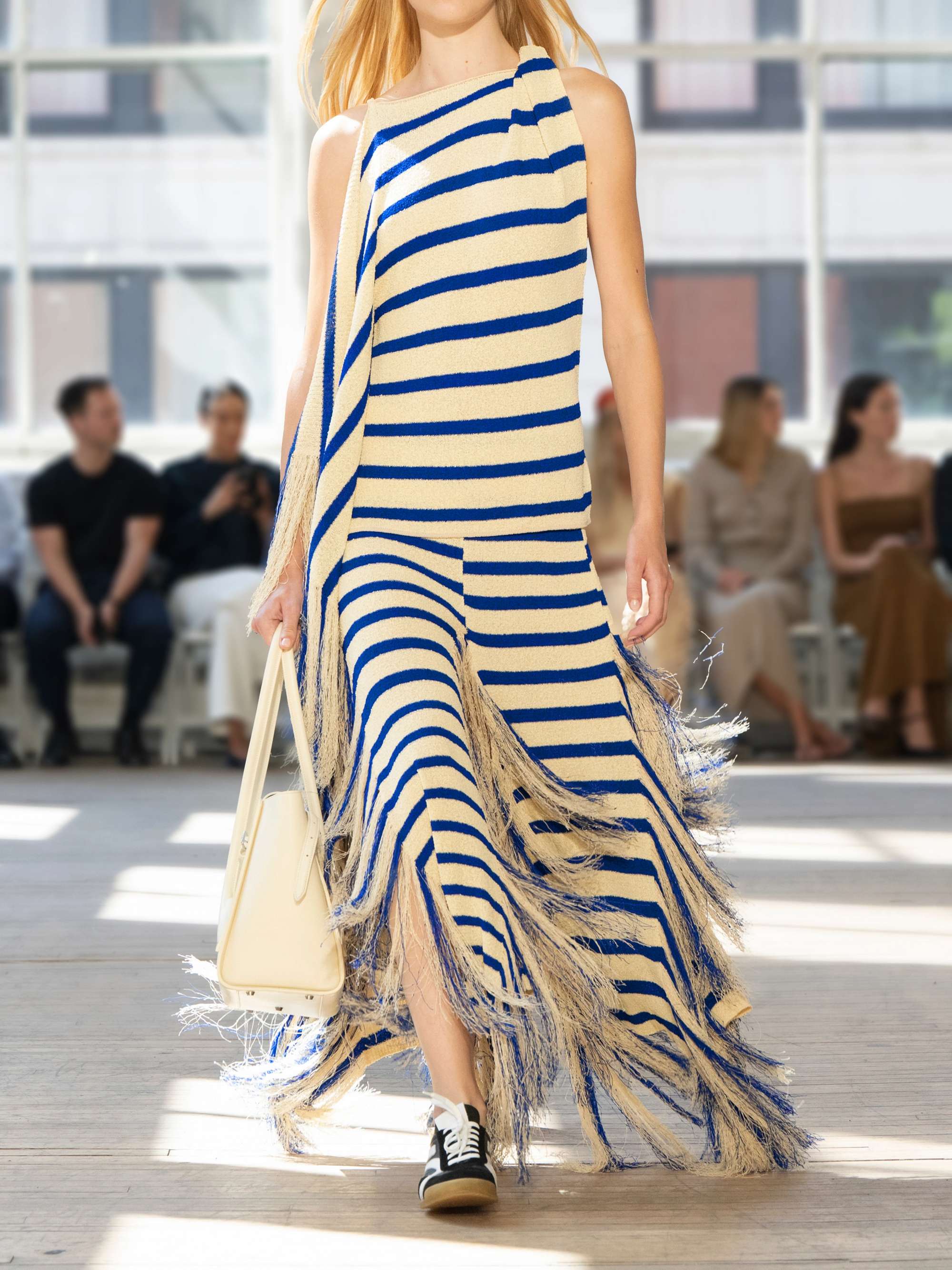 Yves asymmetric fringed striped top view