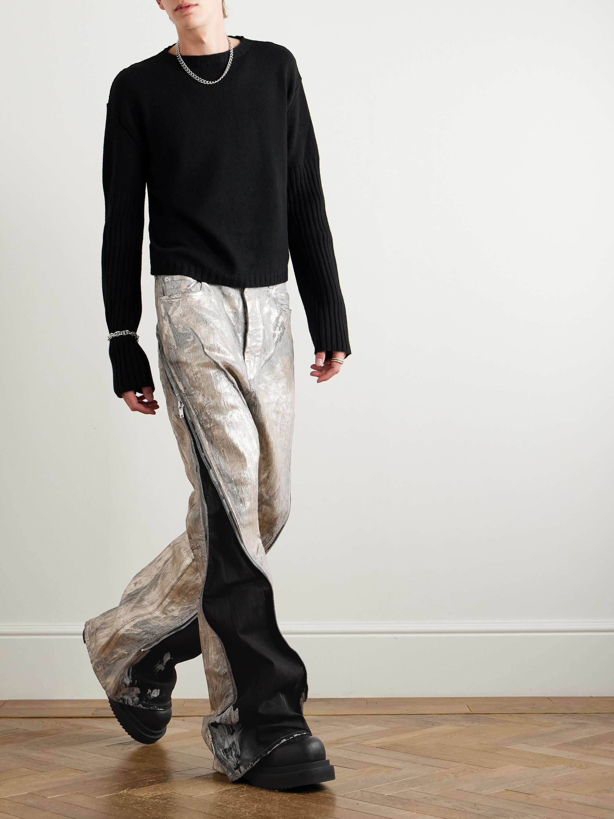 Bolan Flared Zip-Embellished Distressed Metallic Jeans view