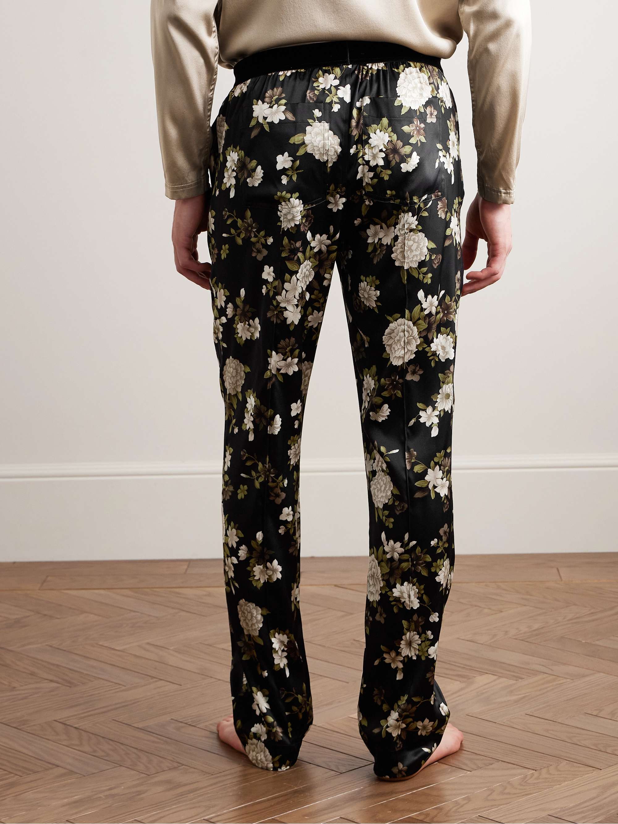 Velvet-Trimmed Floral-Print Stretch-Silk Satin Pyjama Trousers view
