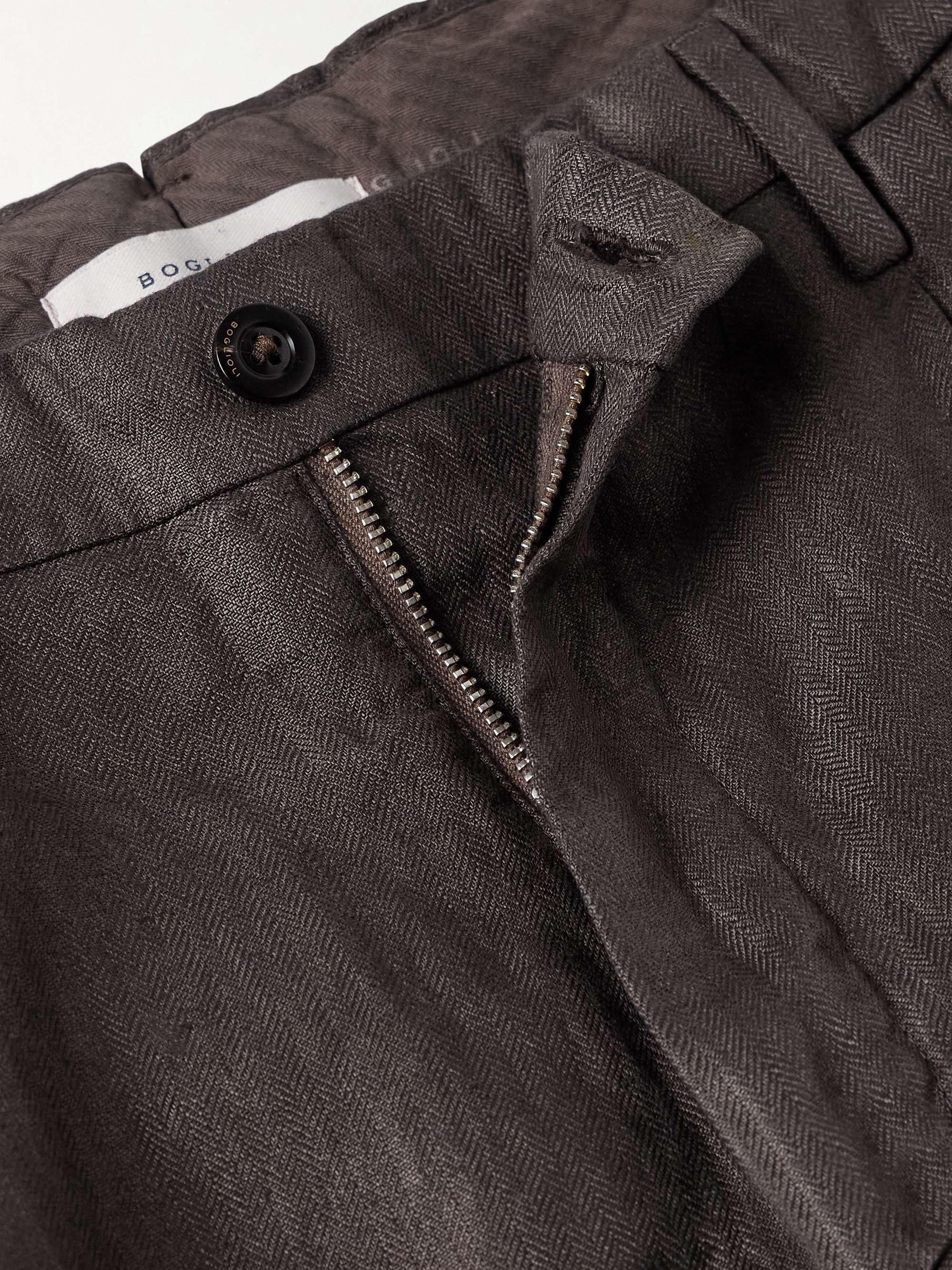 Straight-Leg Pleated Herringbone Linen Suit Trousers view