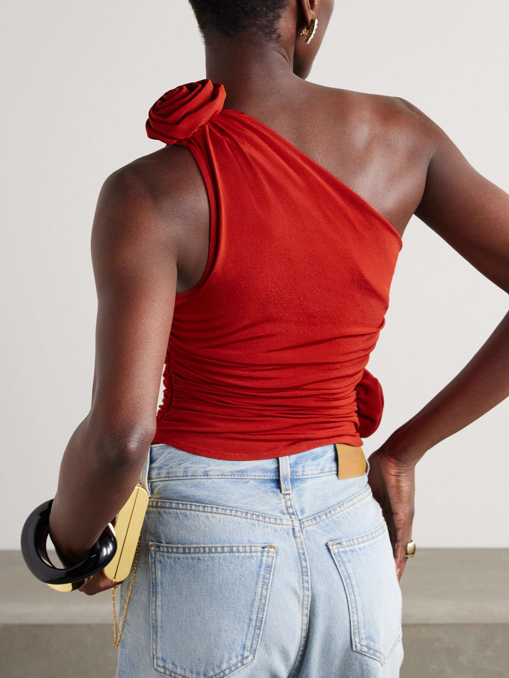One-shoulder appliquéd ruched jersey top view