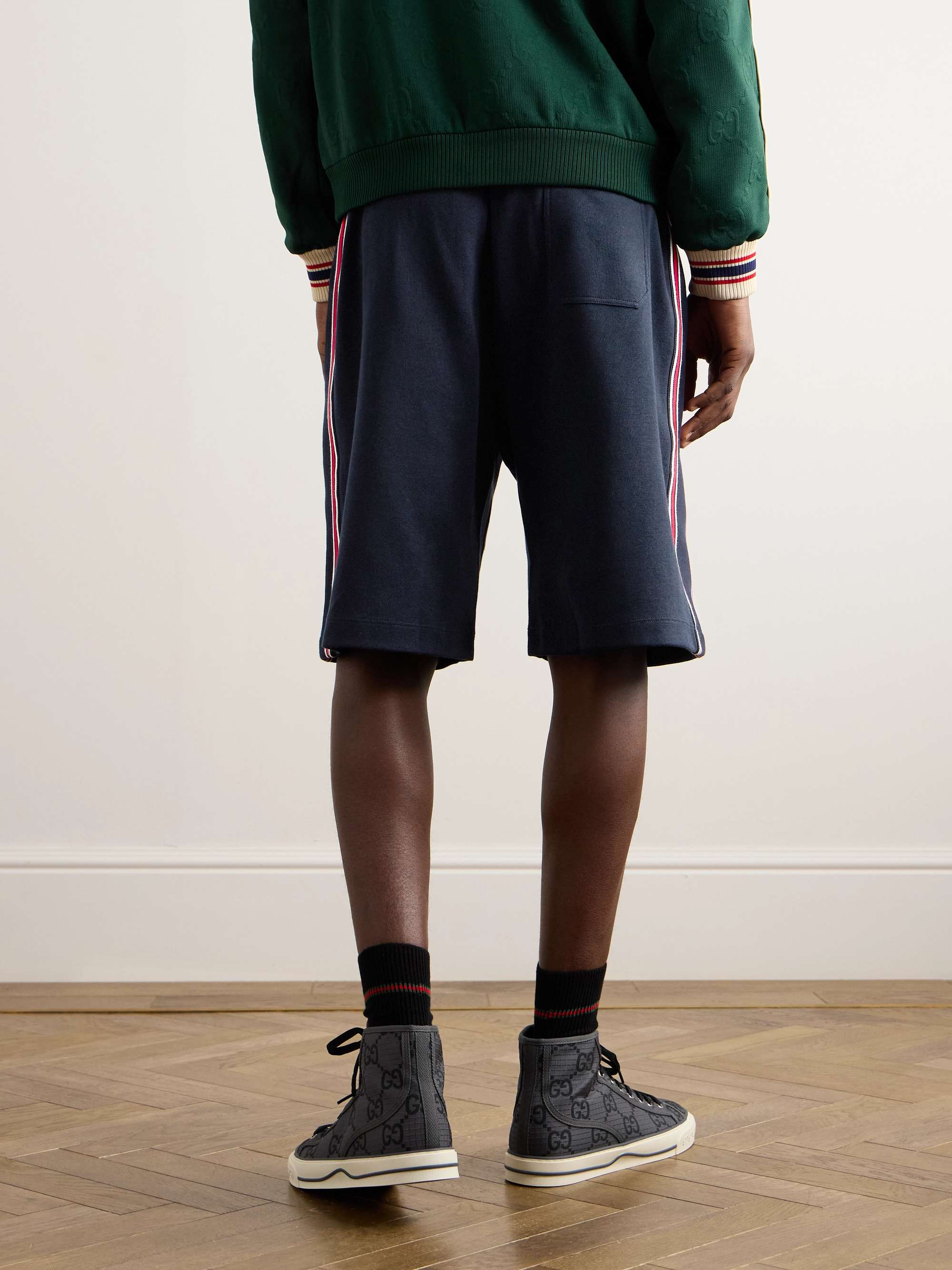 Straight-Leg Striped Logo-Embroidered Cotton Drawstring Shorts view