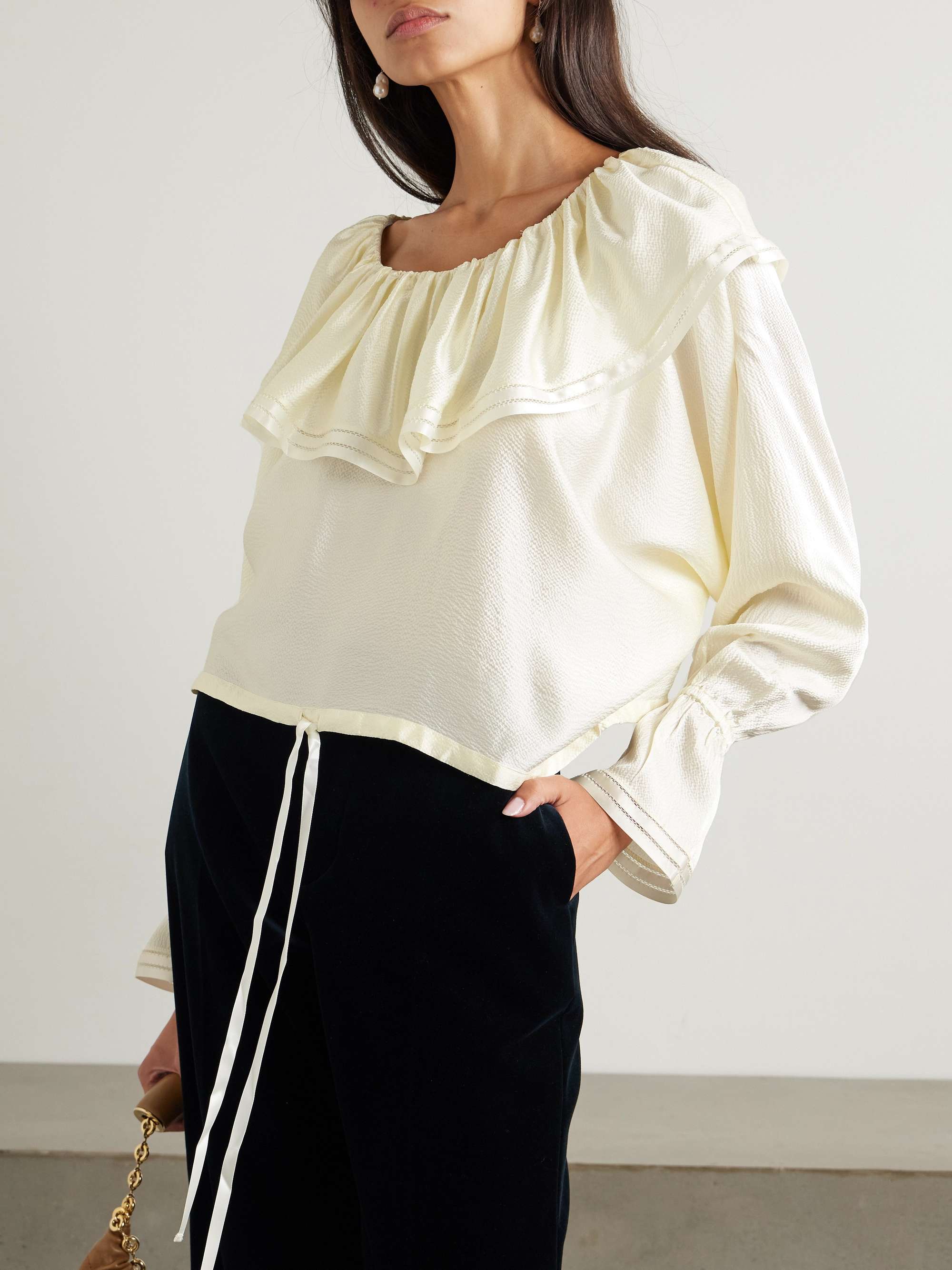 Claret off-the-shoulder ruffled pointelle-trimmed hammered-silk blouse view