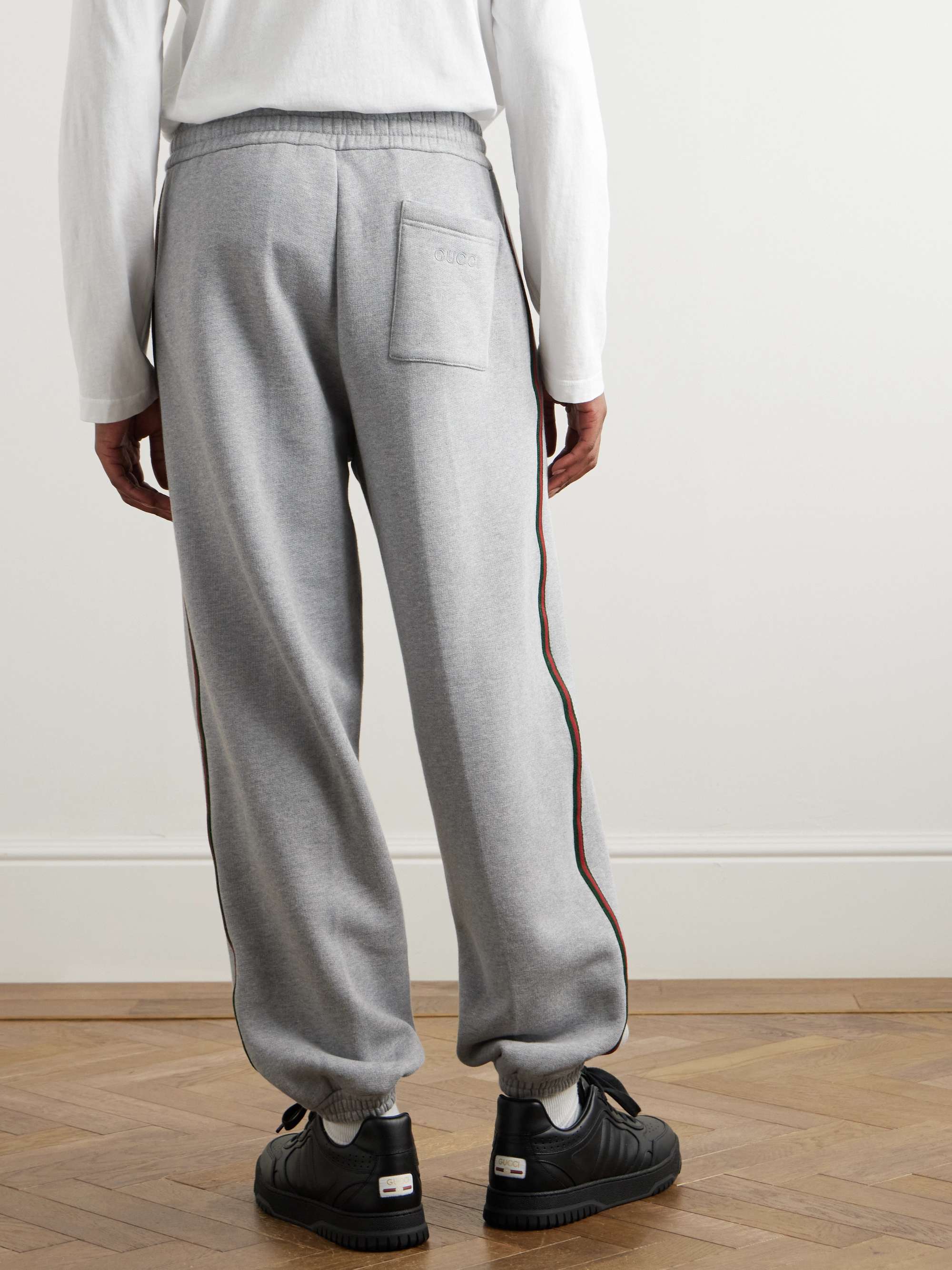 Tapered Webbing-Trimmed Logo-Embroidered Cotton-Jersey Sweatpants view