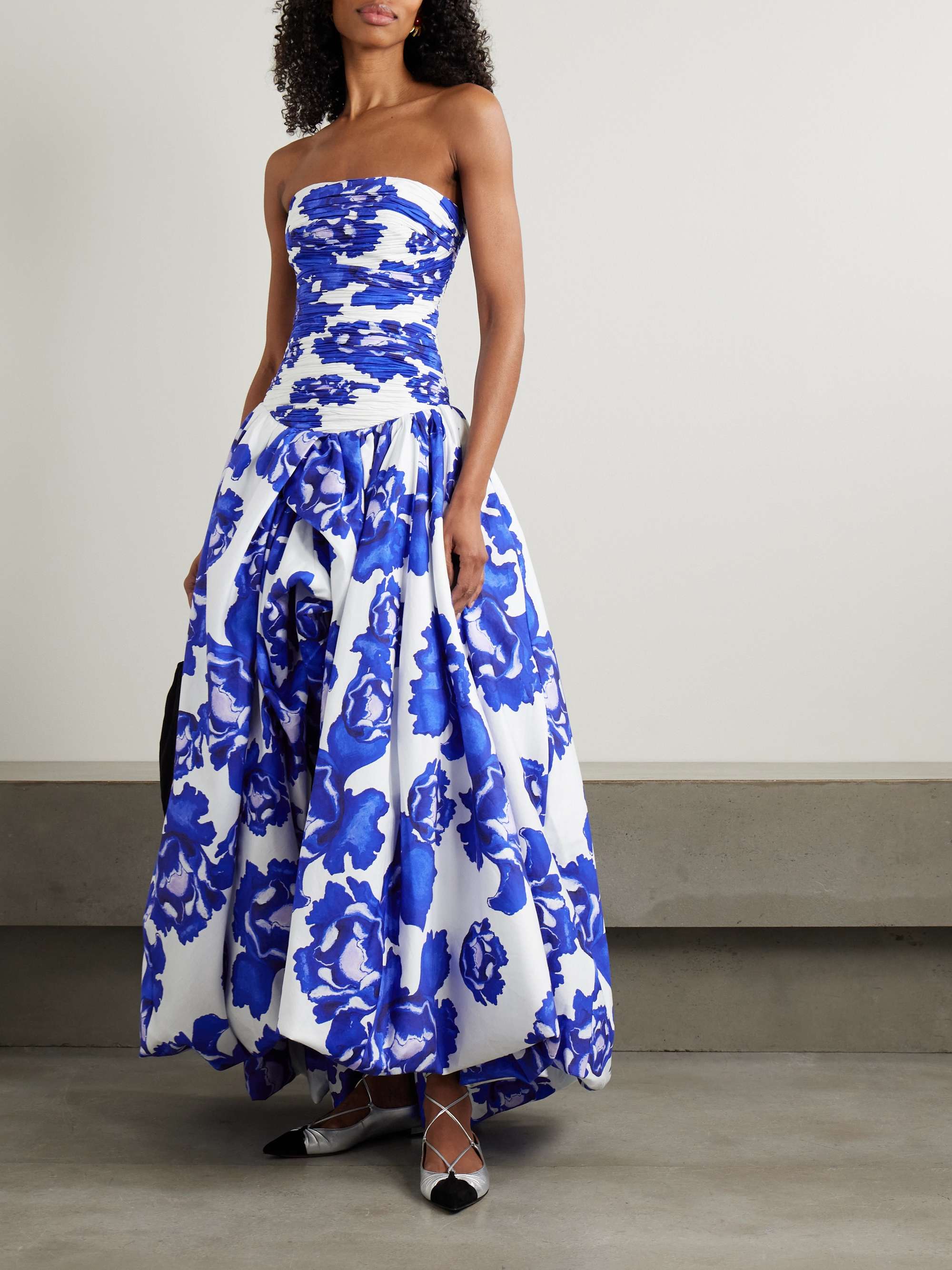 Behold strapless ruched floral-print cotton-poplin gown view