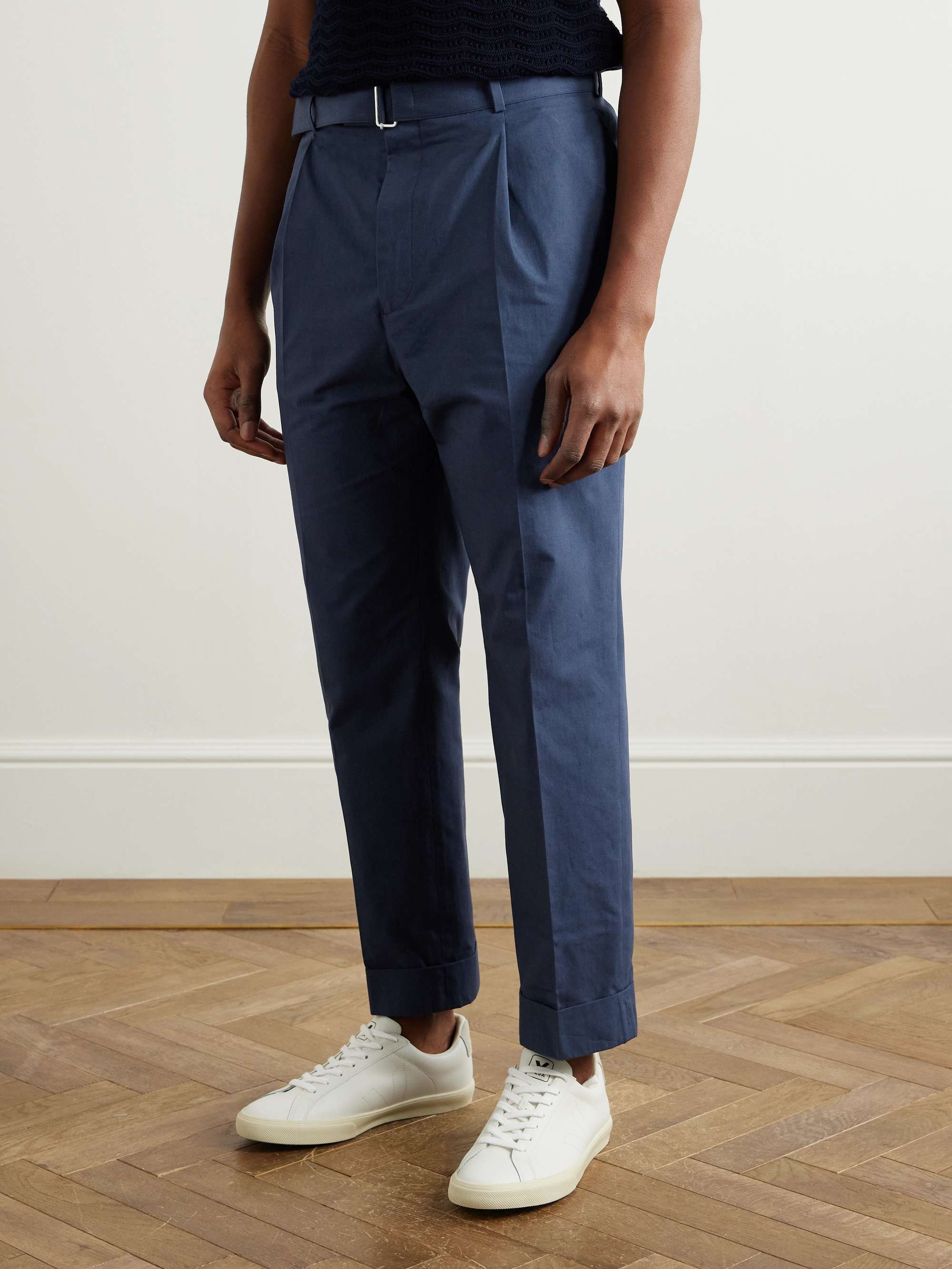 Hugo Straight-Leg Belted Pleated Cotton-Poplin Trousers view